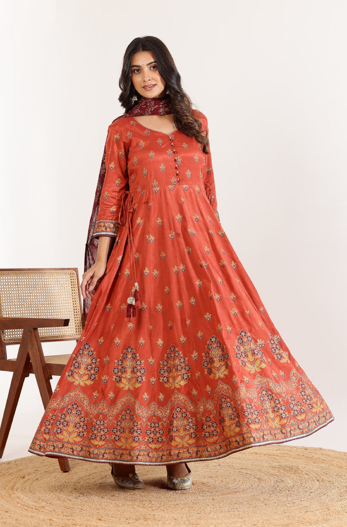 Orange Floral Anarkali Dress with Floral Jaal Printed Dupatta
