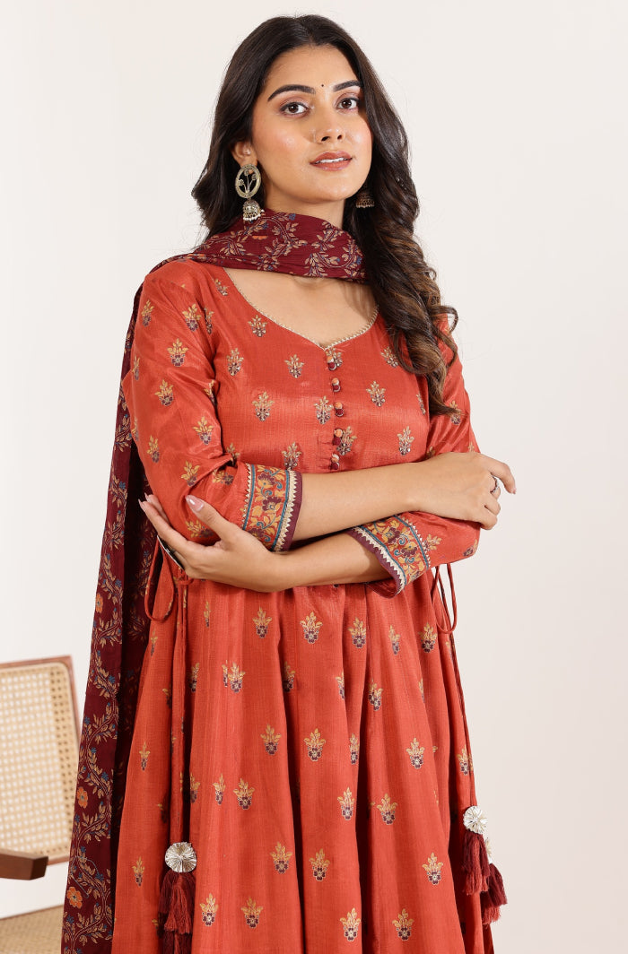 Orange Floral Anarkali Dress with Floral Jaal Printed Dupatta
