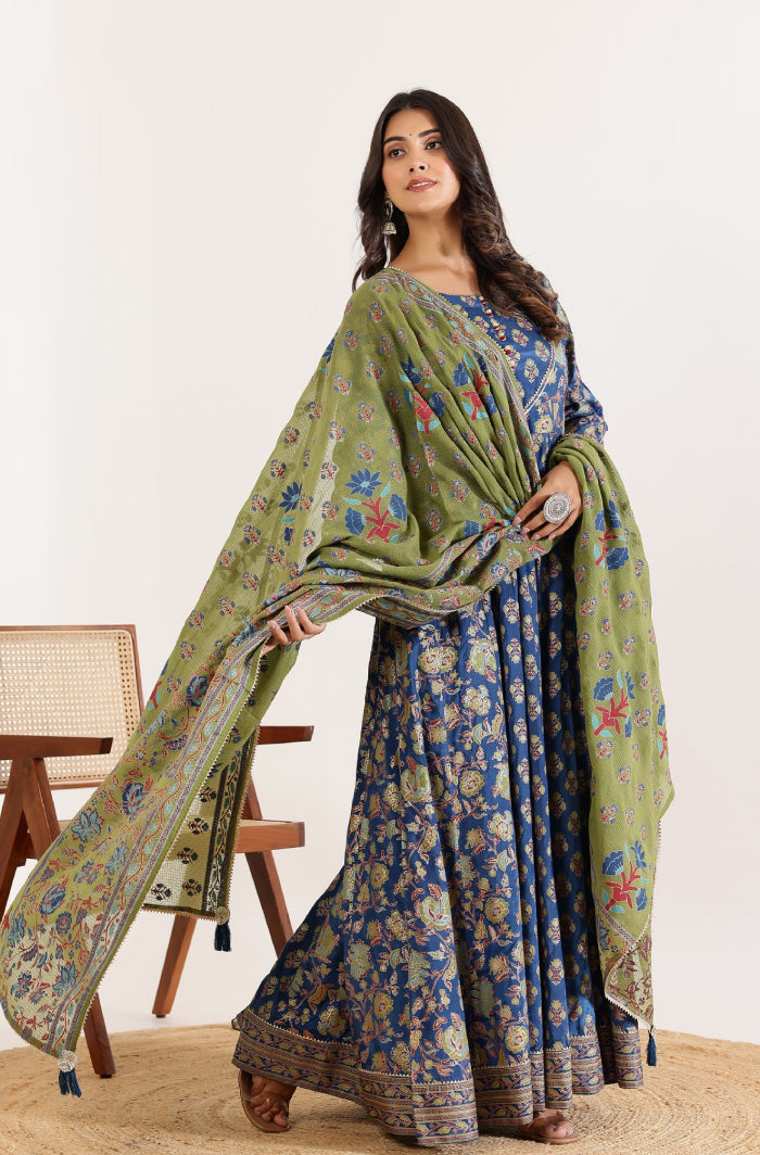 Modern Grace: Blue Anarkali Dress with Floral Dupatta and Sequined Detailing