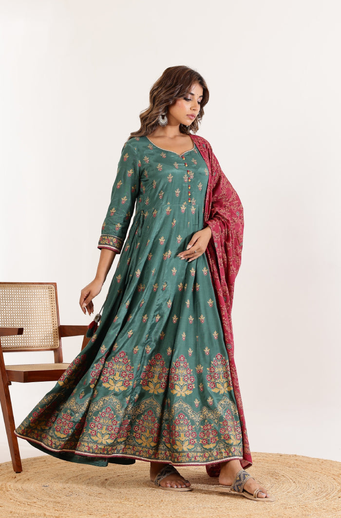 Green Floral Anarkali Dress with Floral Jaal Printed Dupatta