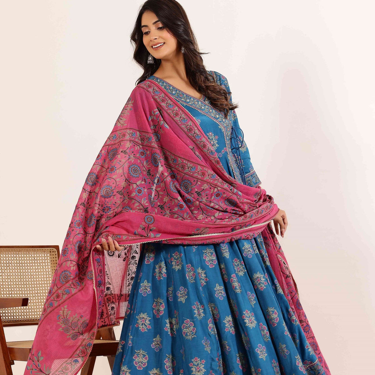 Blue Floral Printed Anarkali Dress with Floral Printed Dupatta