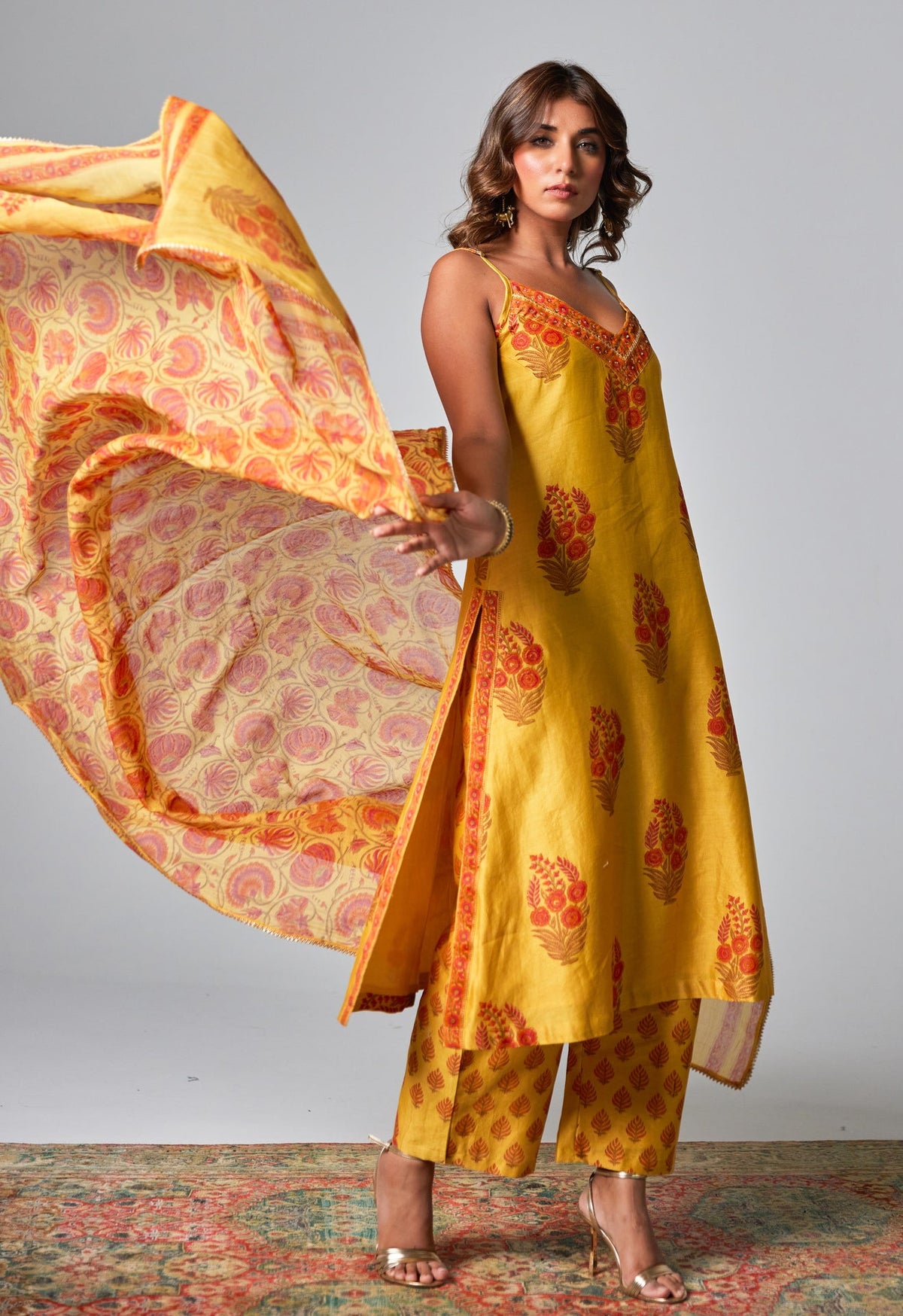 Yellow Chanderi Hand Block Printed Suit Set With Dupatta