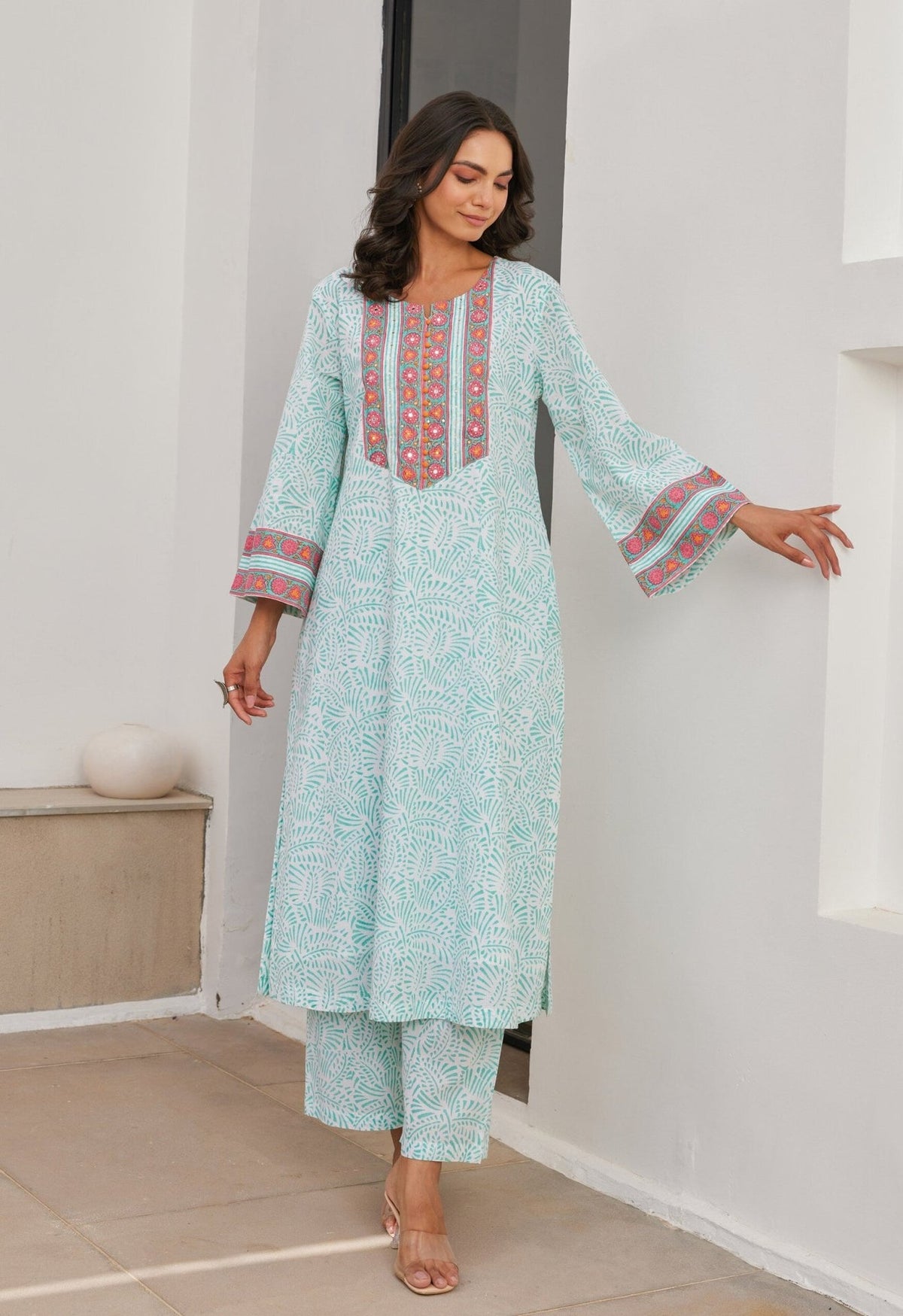 Aqua Cotton hand block Printed Kurta Set With Dupatta - Tara - C - Tara
