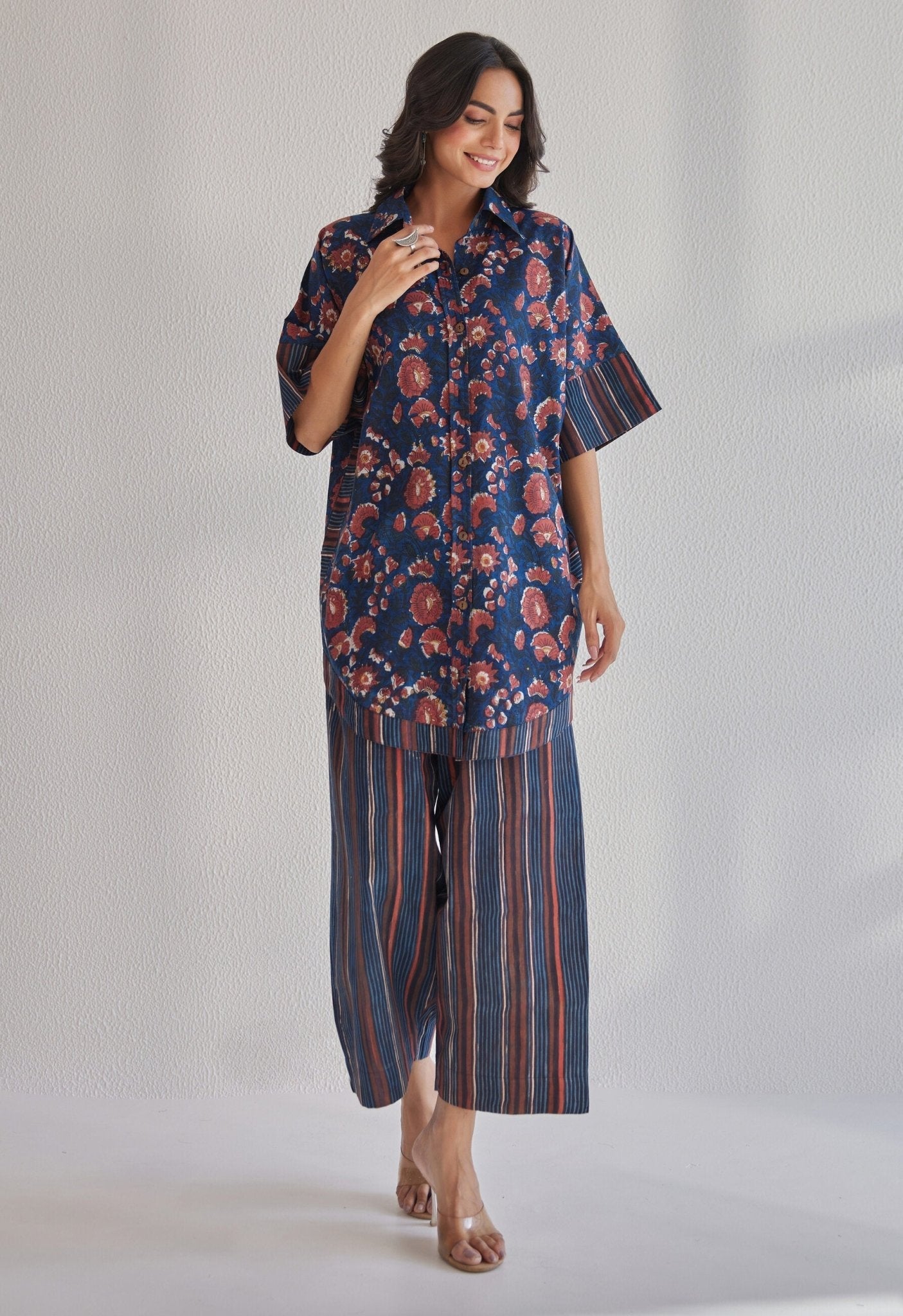 Bagru indigo Hand block Printed Floral Coord set - Tara - C - Tara