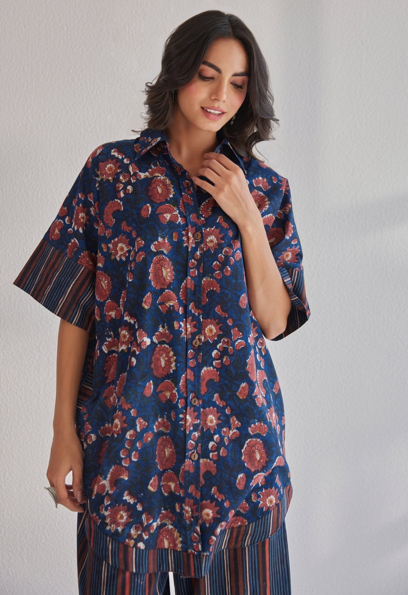 Bagru indigo Hand block Printed Floral Coord set - Tara - C - Tara