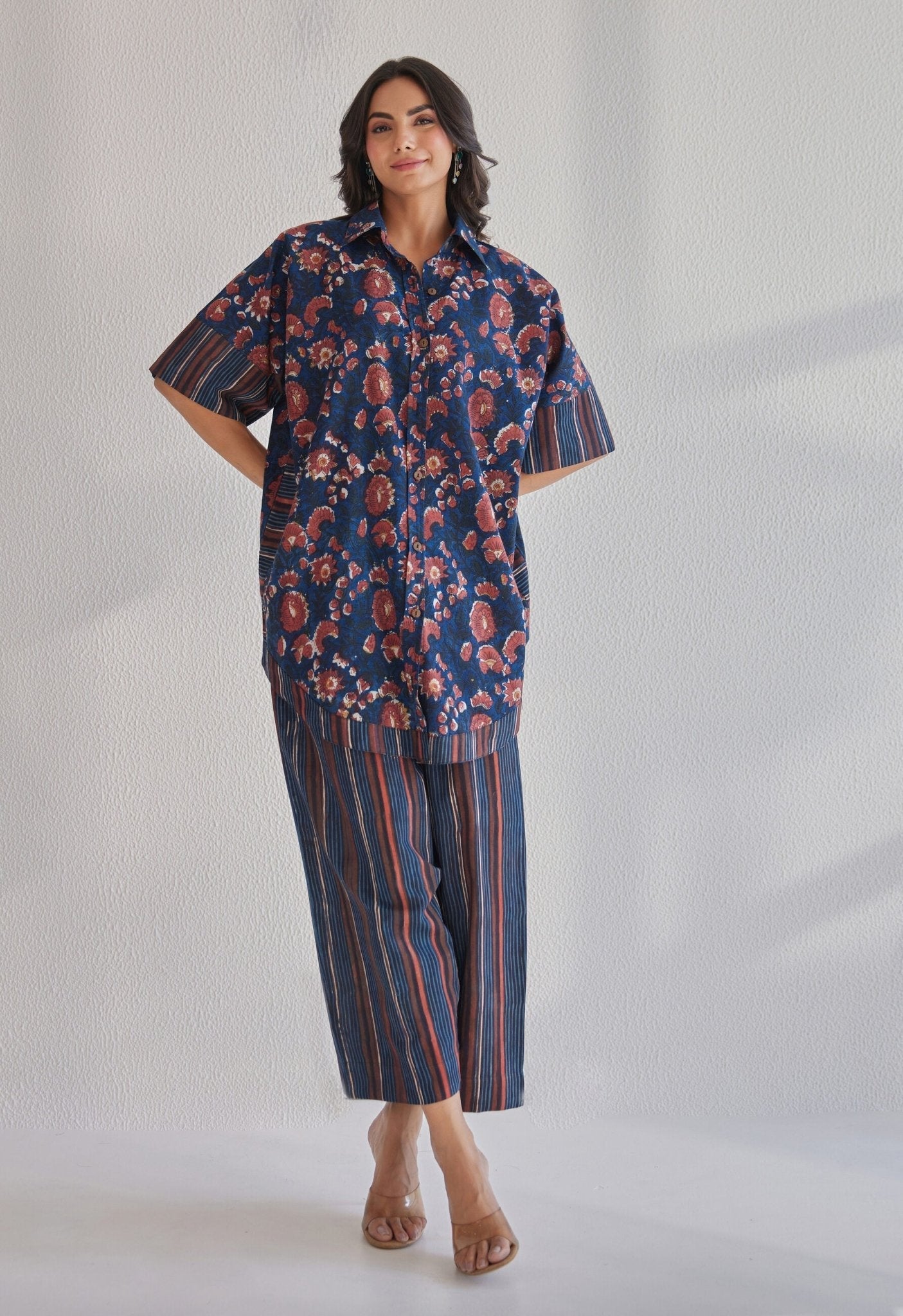 Bagru indigo Hand block Printed Floral Coord set - Tara - C - Tara