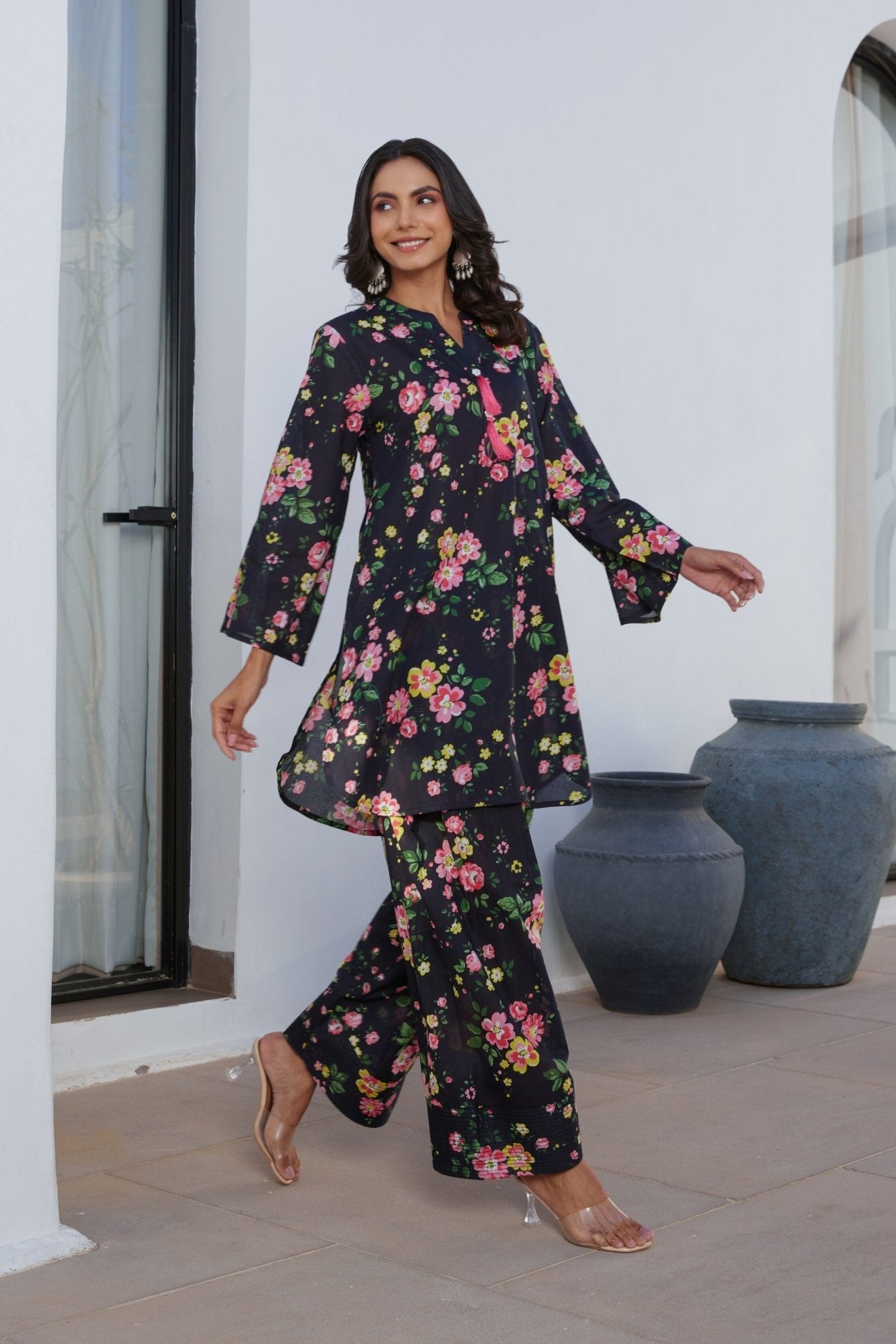 Black Floral Farsi Salwar Coord Set - Tara - C - Tara
