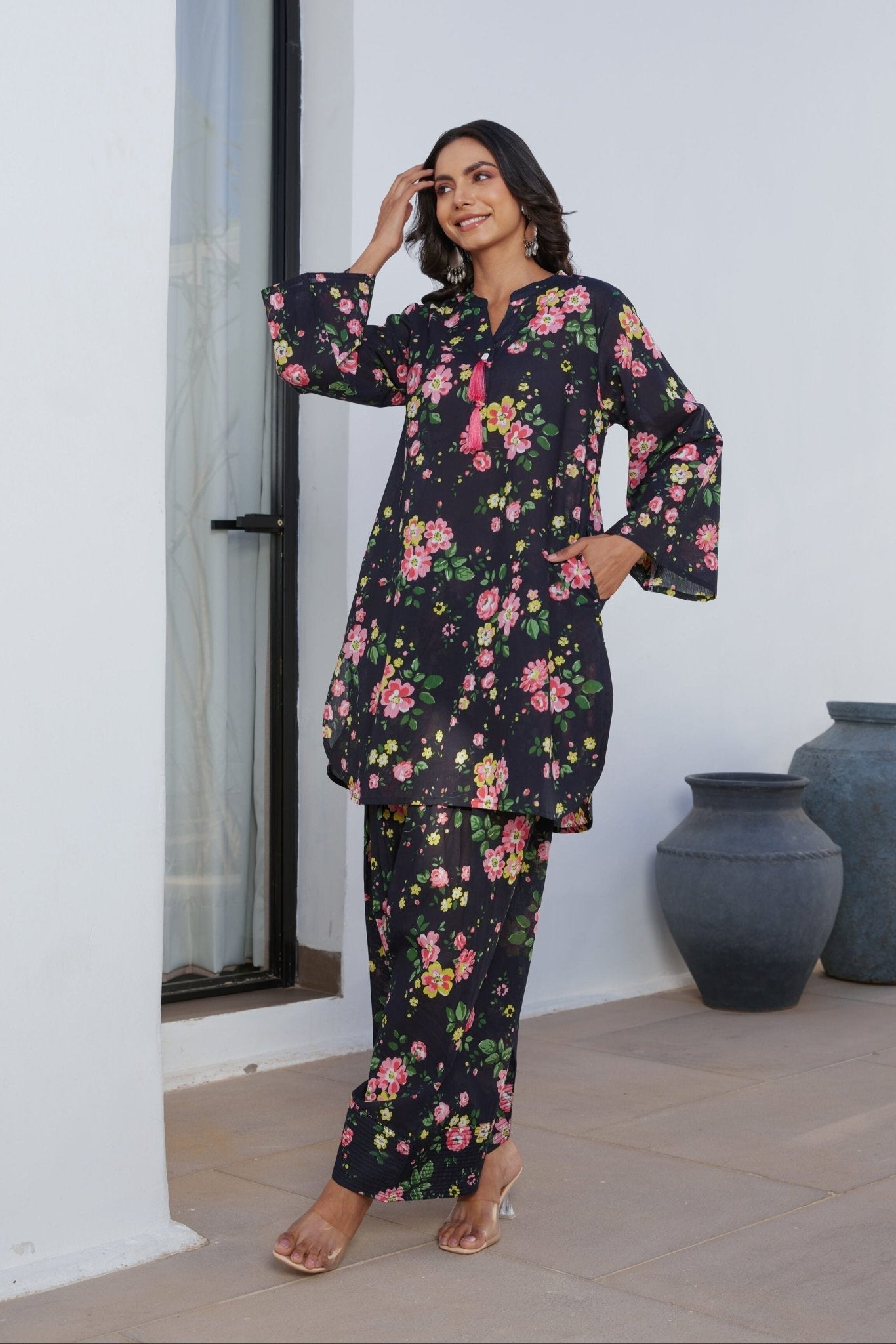 Black Floral Farsi Salwar Coord Set - Tara - C - Tara