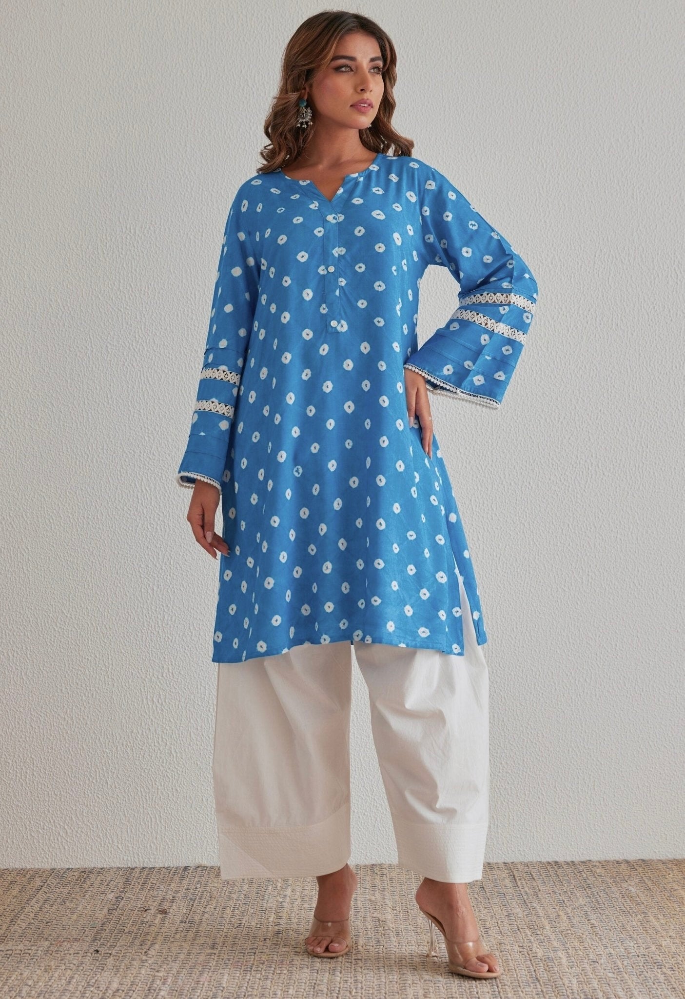 Blue Bandhej Hand Tie Dye Coord Set With Farsi Salwar - Tara - C - Tara