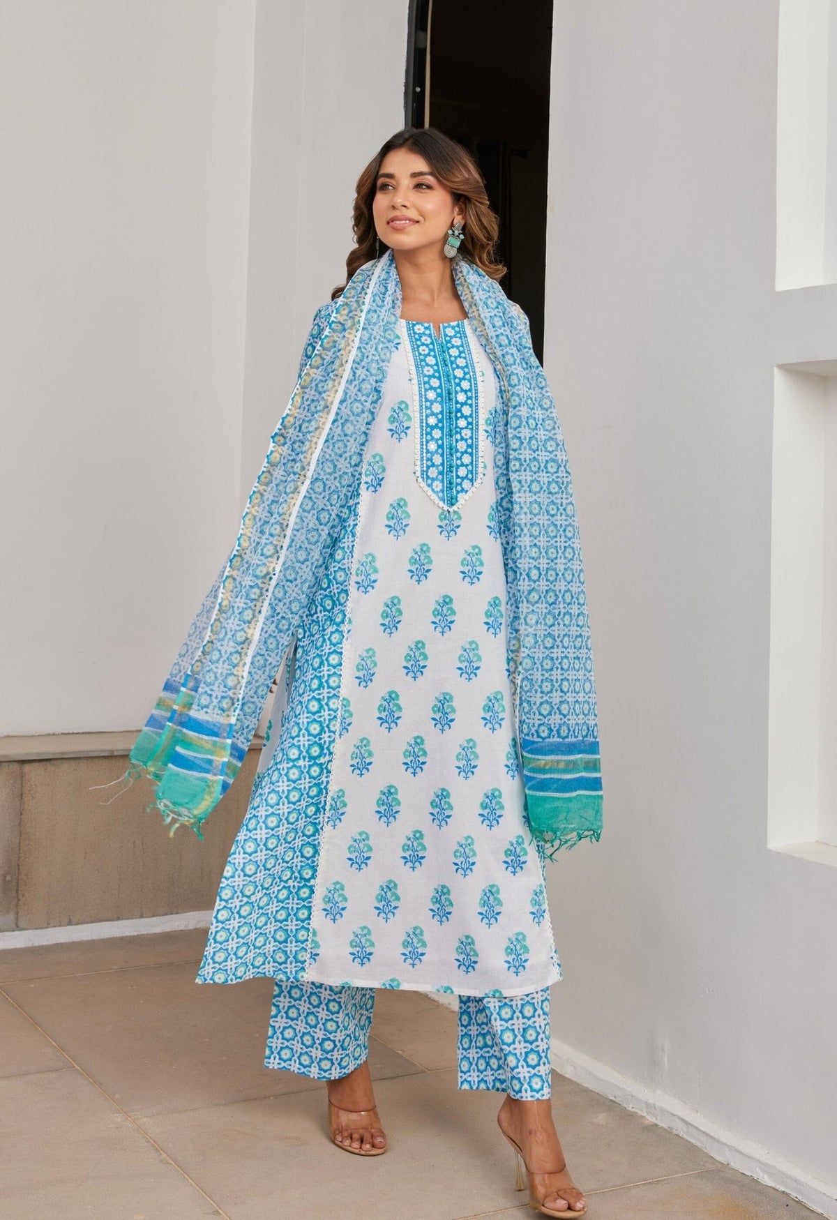Blue Cotton hand Block Printed Kurta Set With Dupatta - Tara - C - Tara