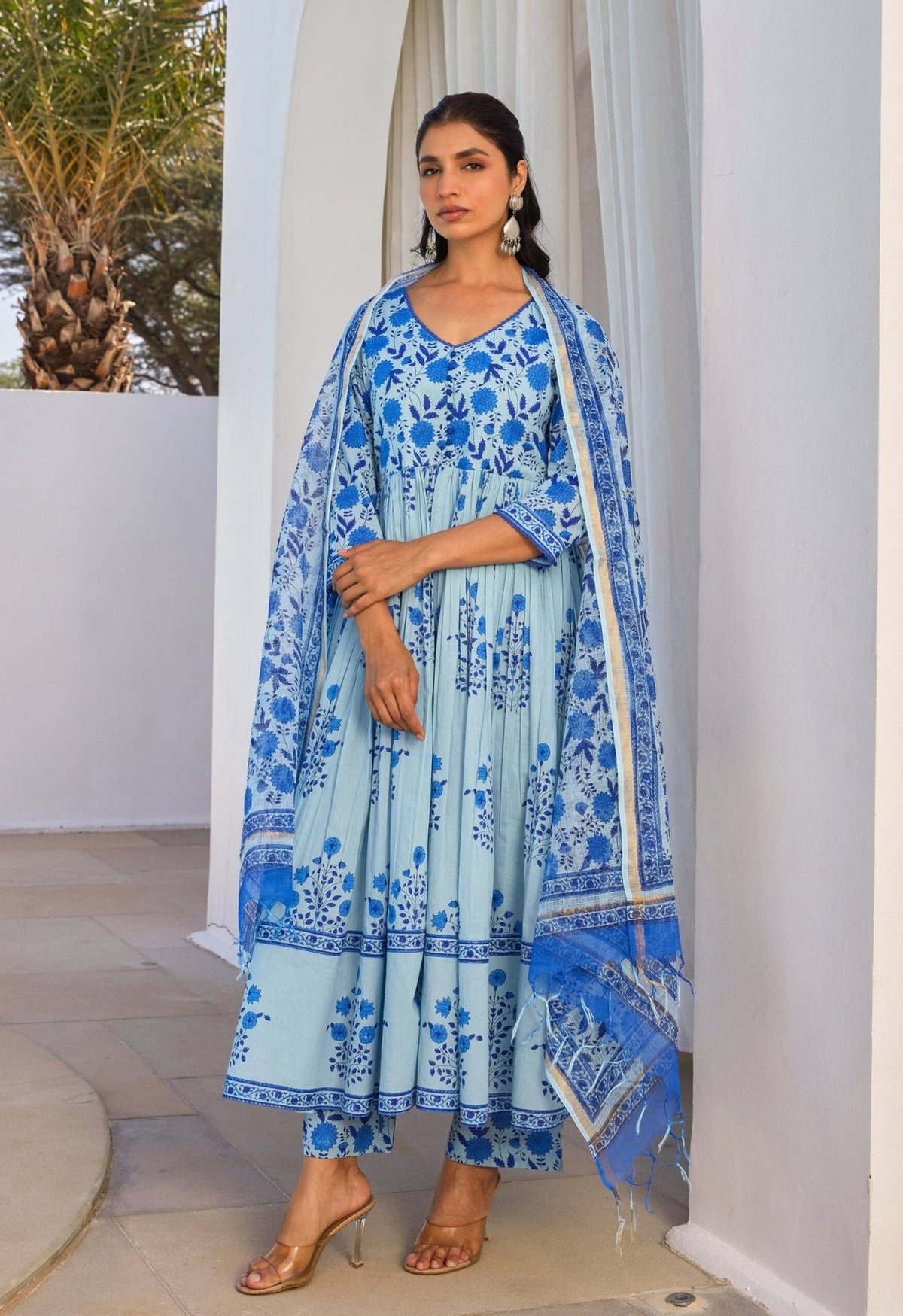 Blue Hand Block Printed Anakali Set With Dupatta - Tara - C - Tara