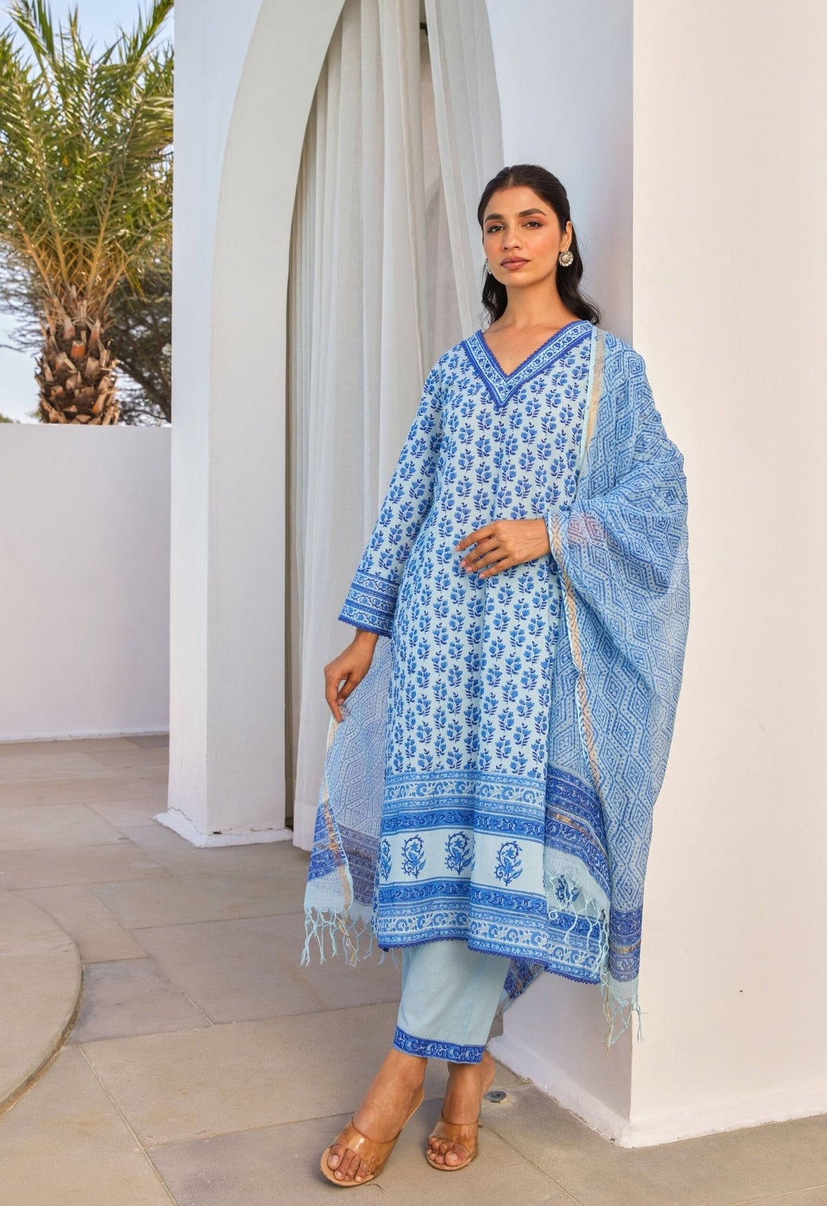 Blue Hand Block Printed Kurta Set With Dupatta - Tara - C - Tara