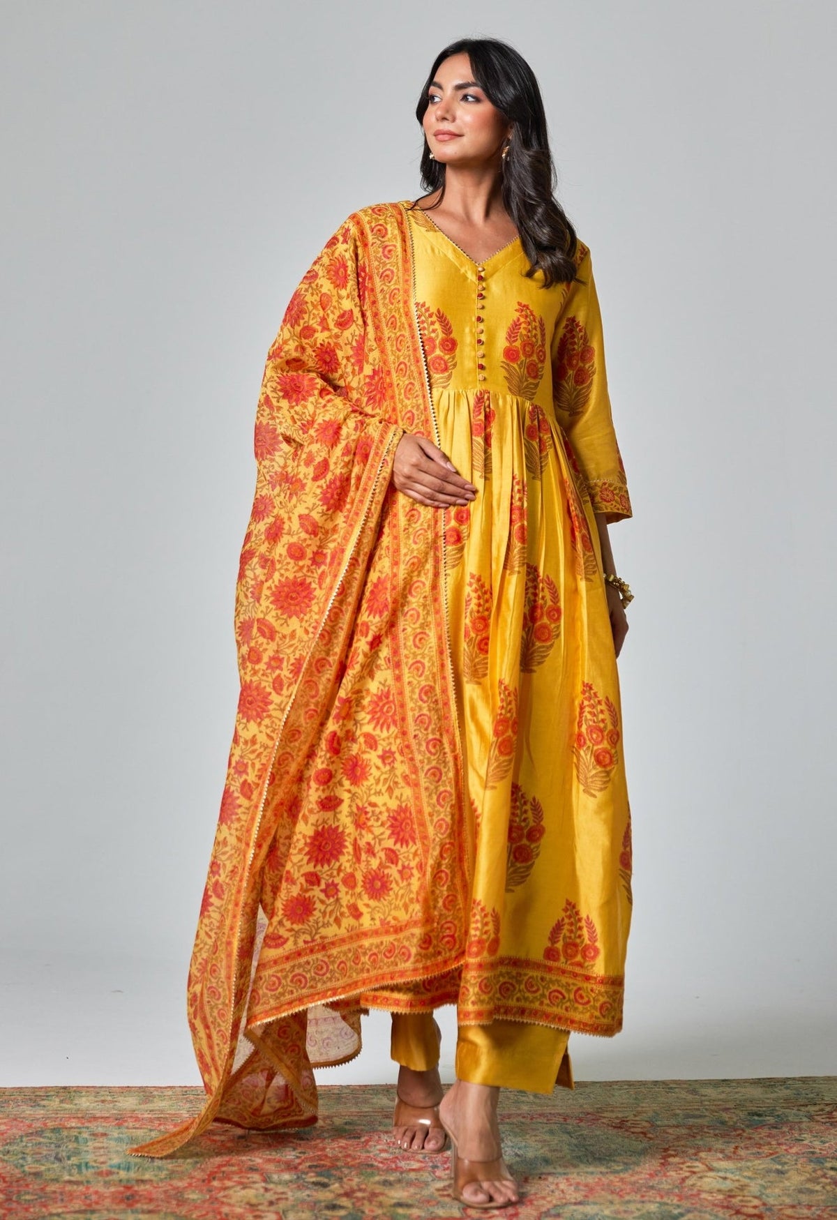 Chanderi Hand Block Printed Suit Set With Dupatta - Tara - C - Tara