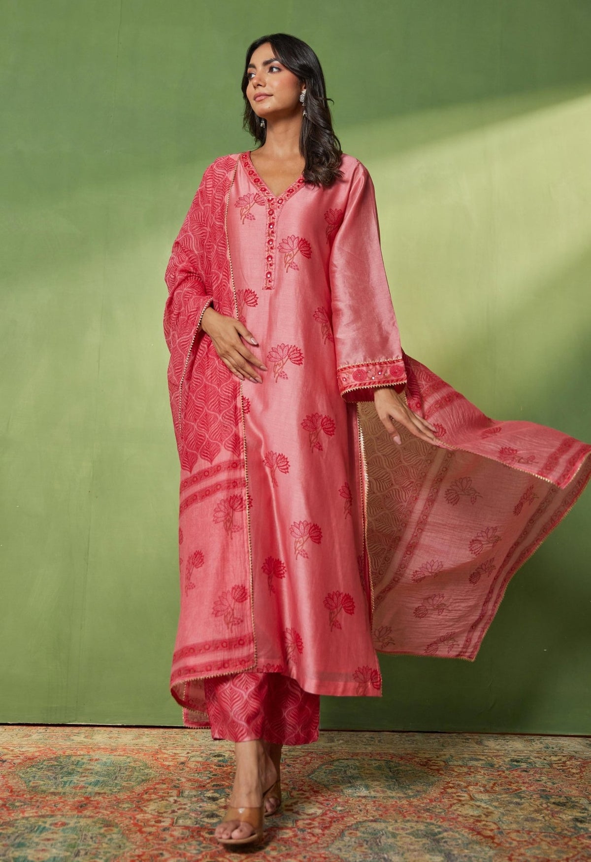 Chanderi Hand Block Printed Suit Set With Dupatta - Tara - C - Tara