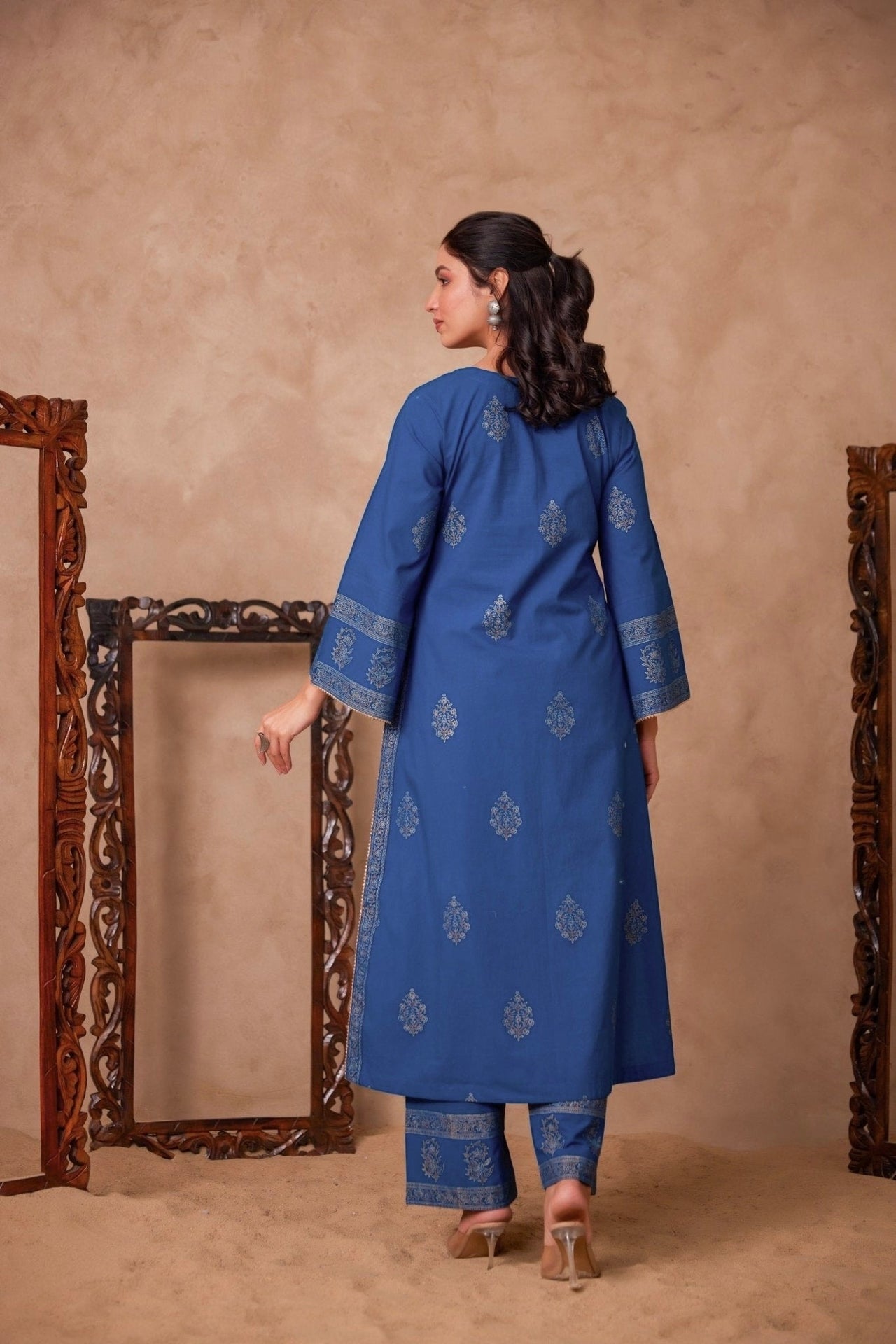 Cotton Blue Hand Block Gold Printed Coord Set - Tara - C - Tara