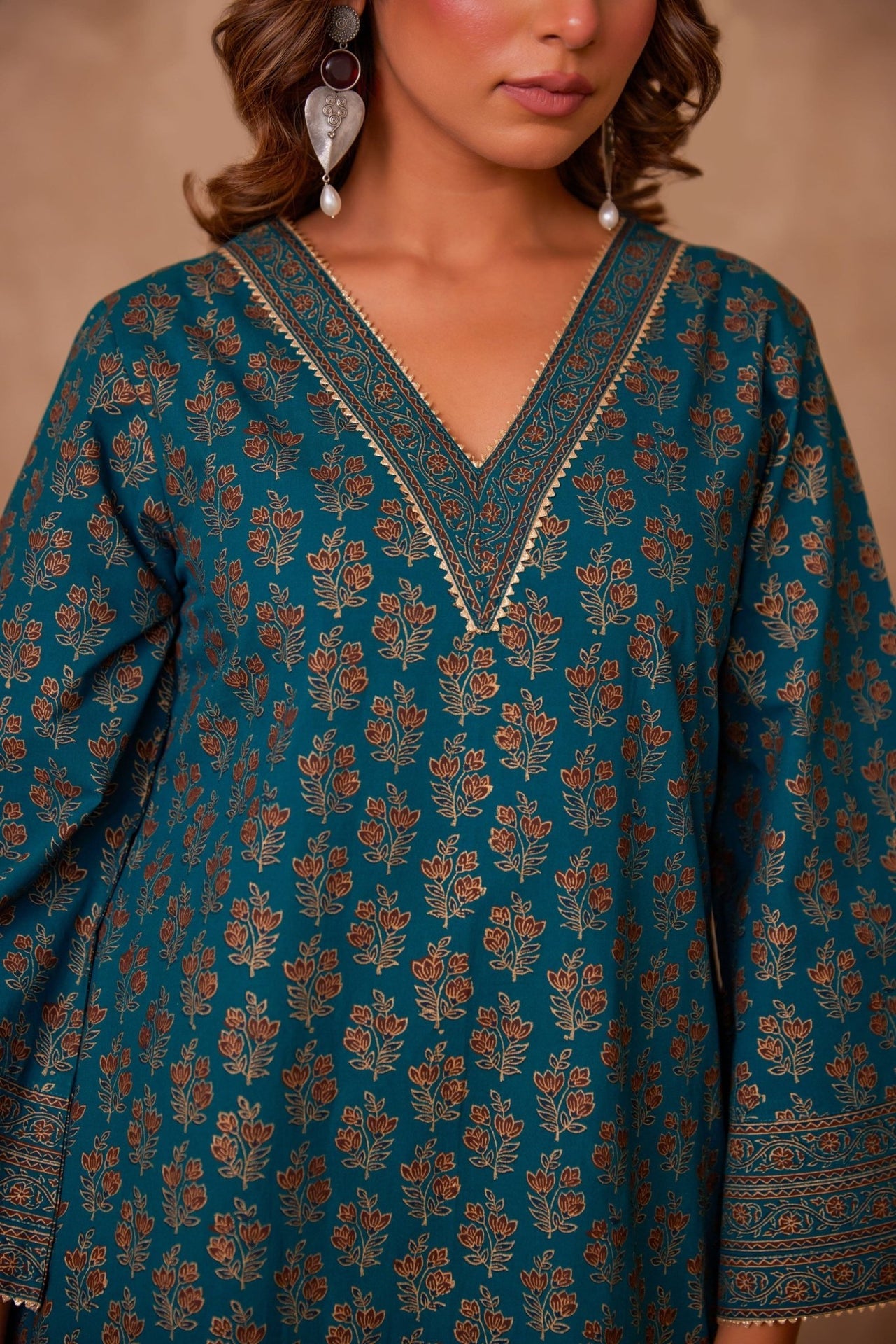 Cotton Green Hand Block Gold Printed Coord Set - Tara - C - Tara