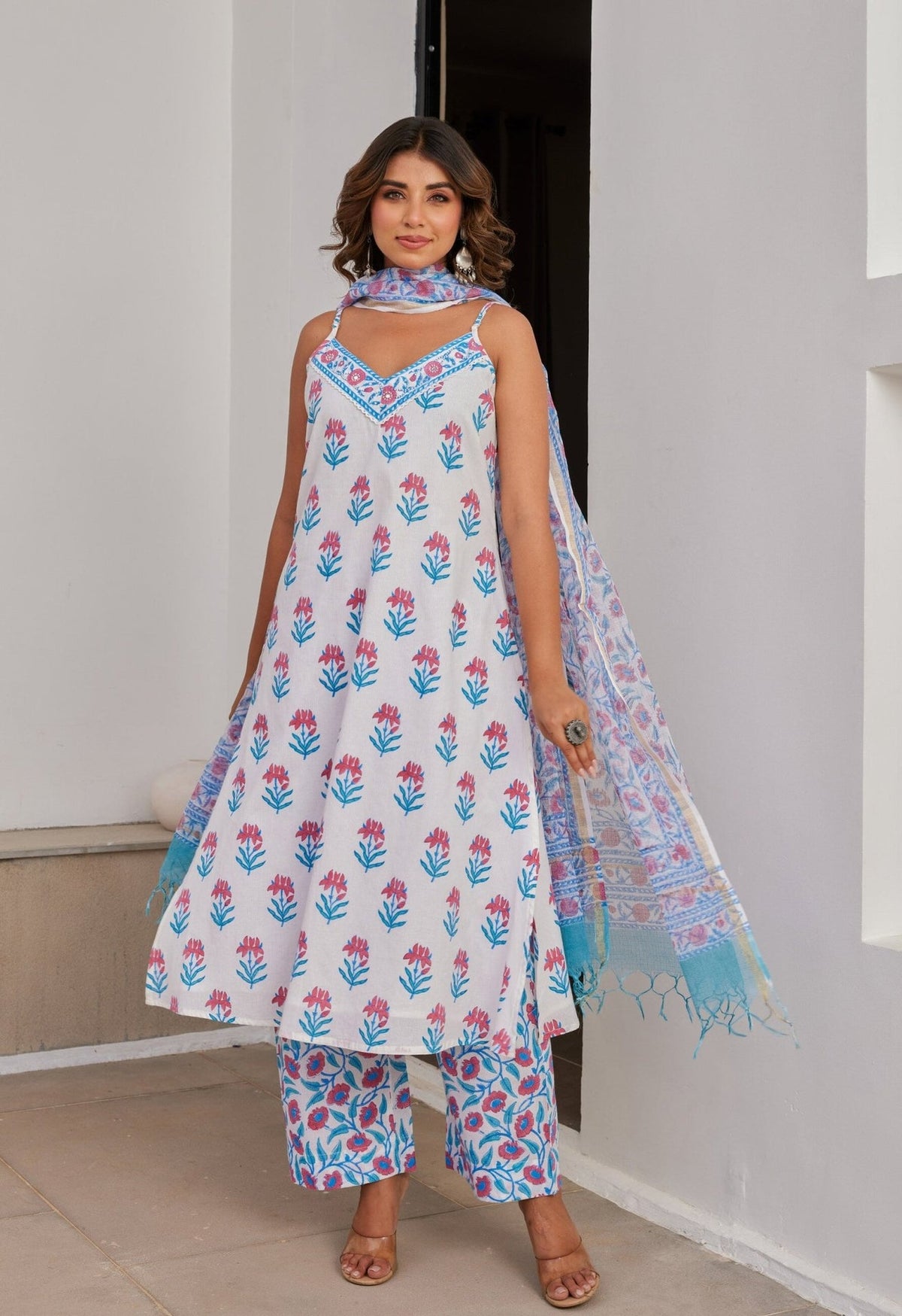 Cotton Hand Block Printed Strappy Kurta Set With Dupatta - Tara - C - Tara