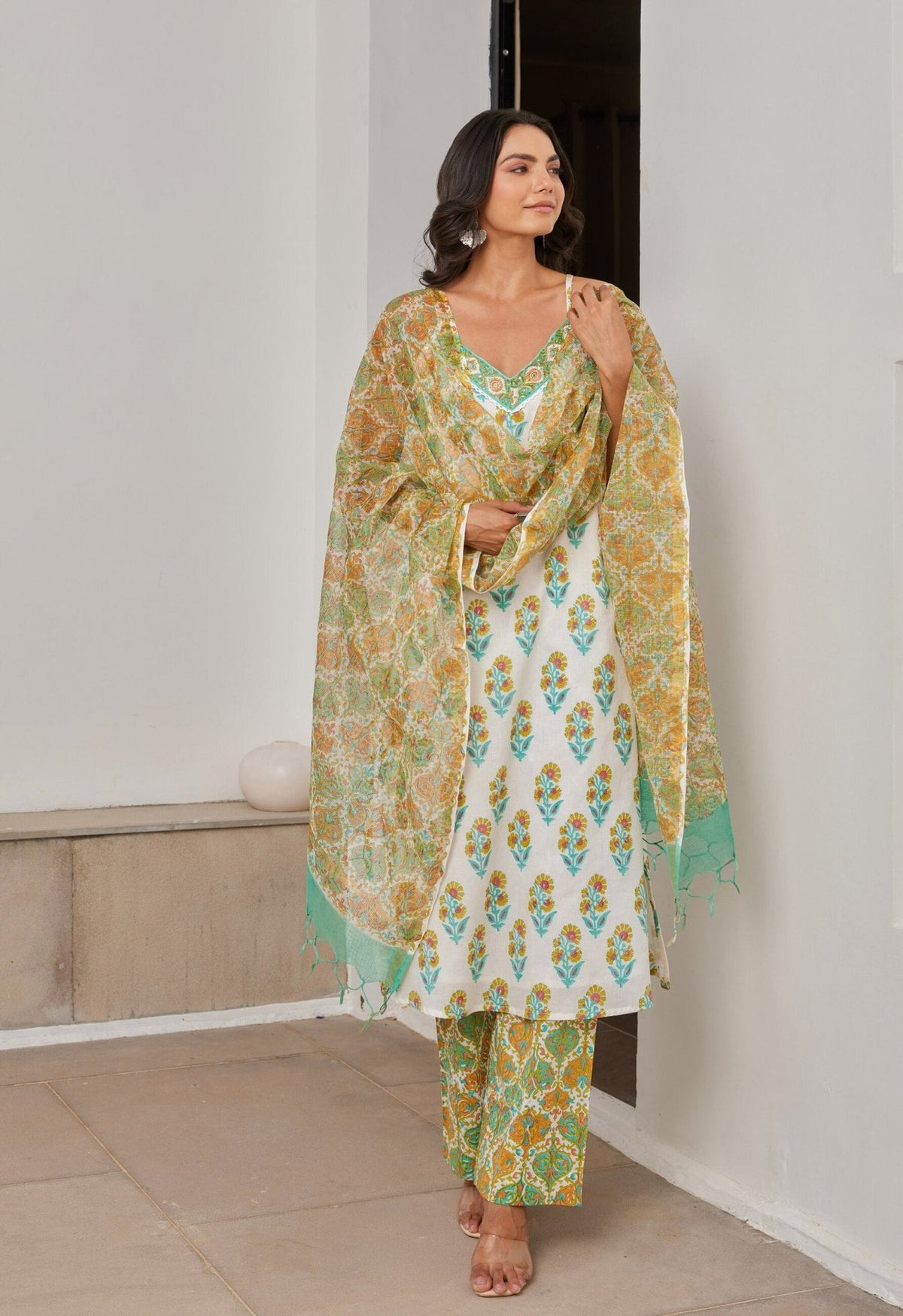 Cotton Hand Block Printed Strappy Kurta Set With Dupatta - Tara - C - Tara