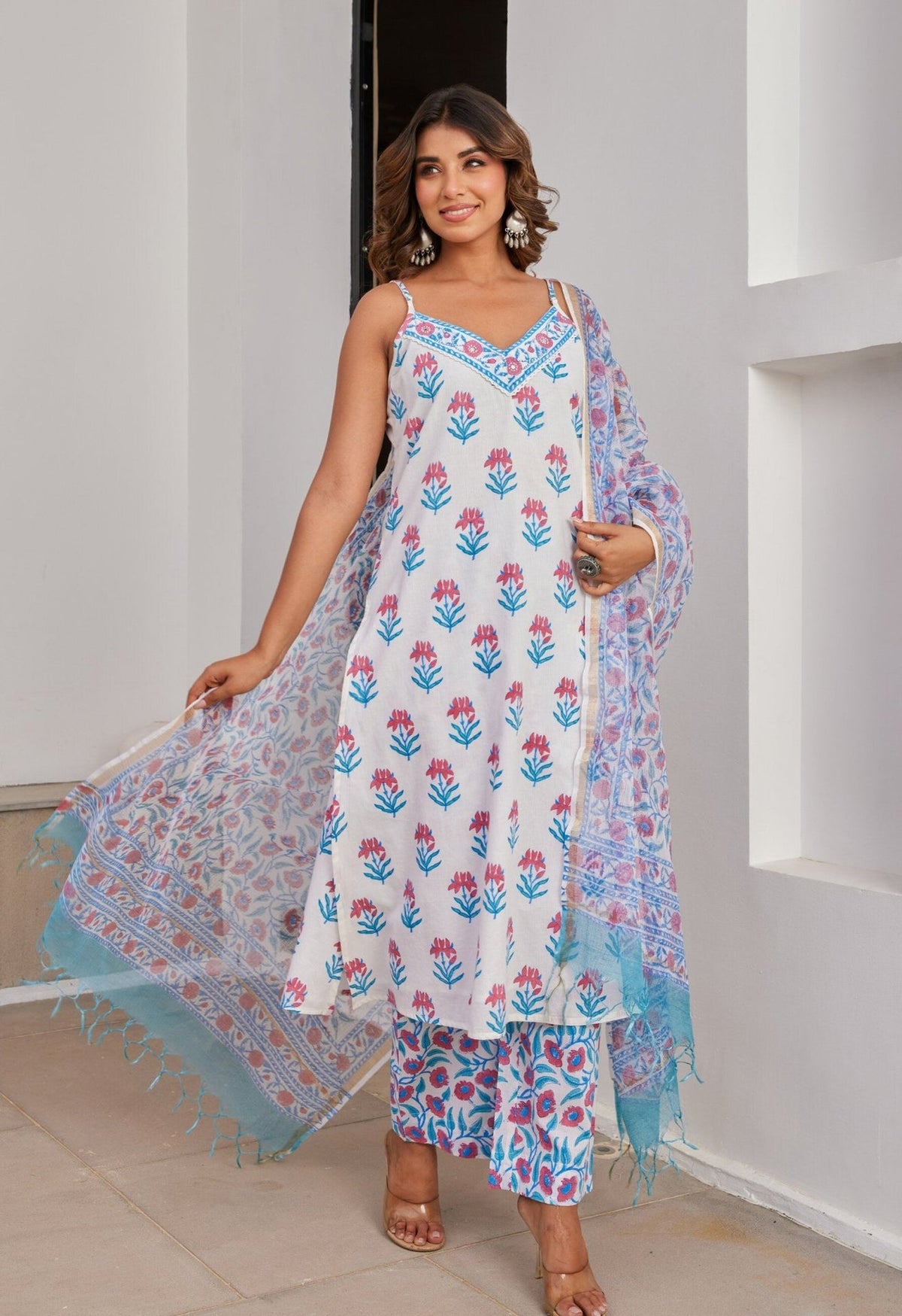 Cotton Hand Block Printed Strappy Kurta Set With Dupatta - Tara - C - Tara