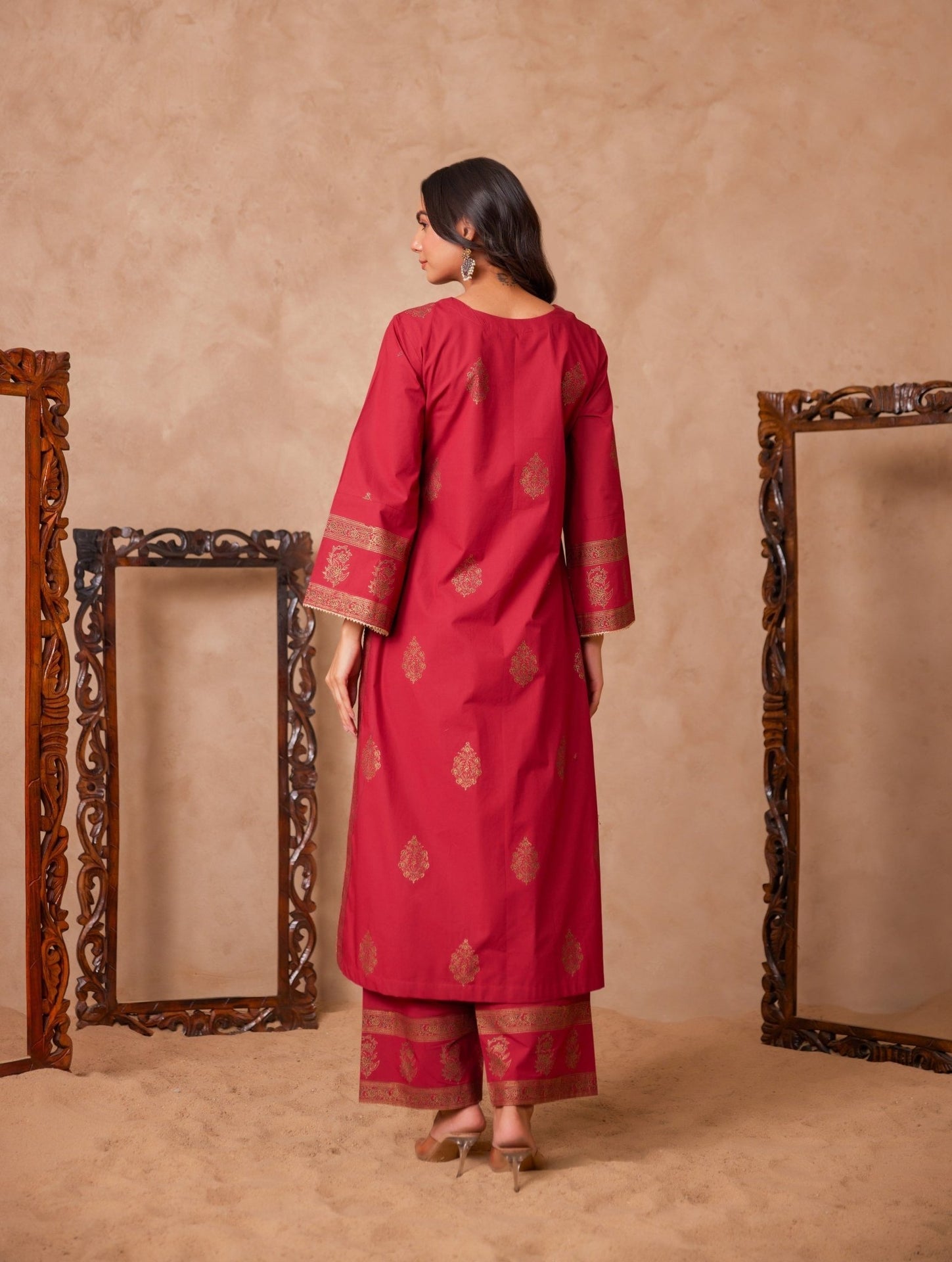 Cotton Maroon Hand Block Gold Printed Coord Set - Tara - C - Tara