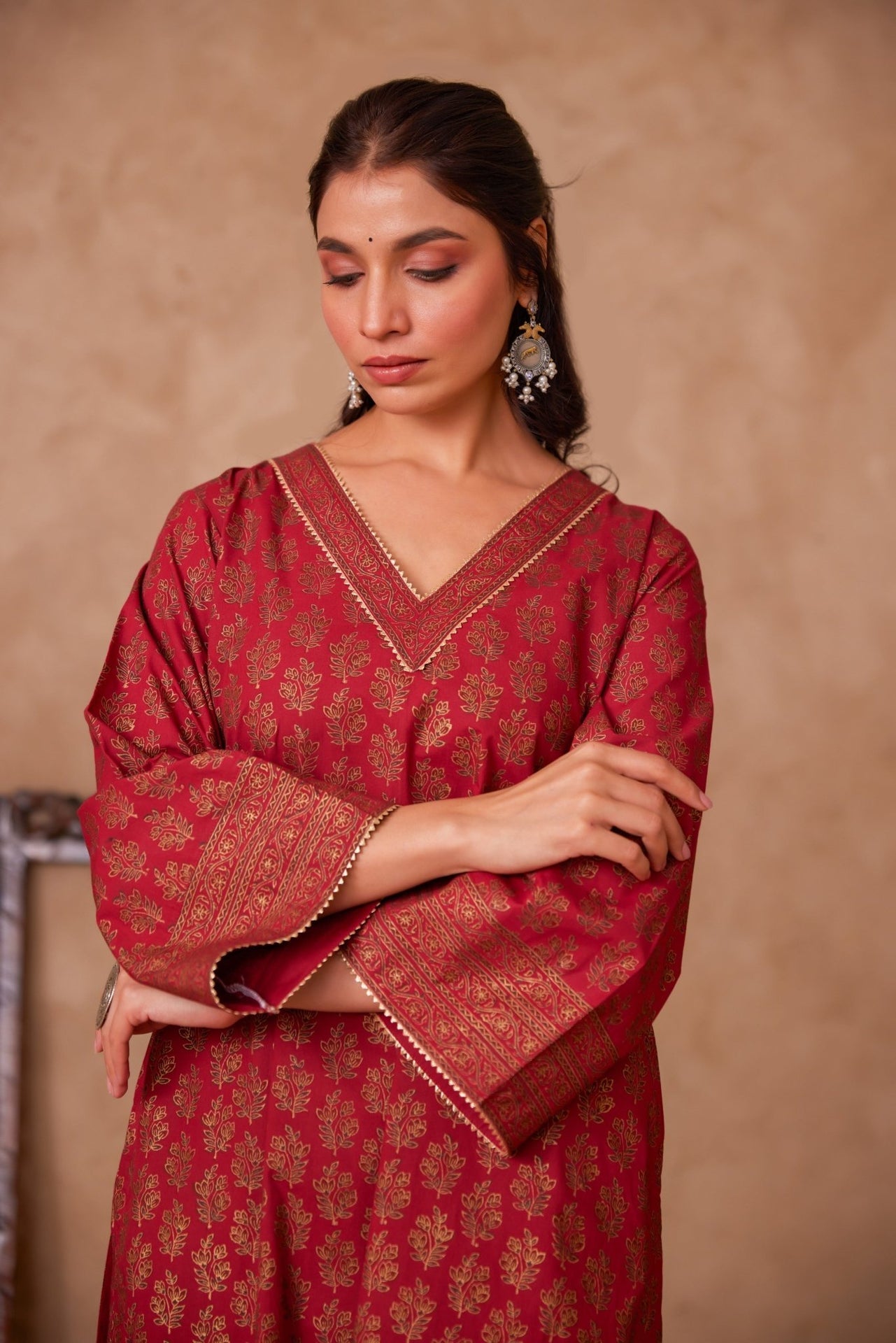 Cotton Maroon Hand Block Gold Printed Coord Set - Tara - C - Tara
