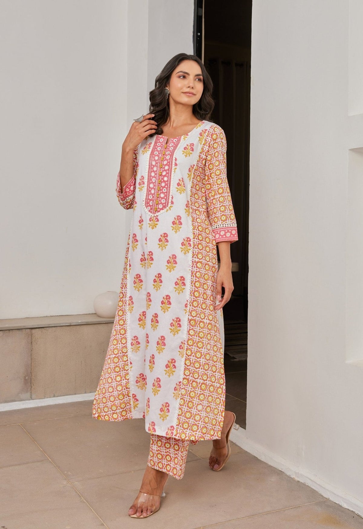 Floral Cotton hand Block Printed Kurta Set With Dupatta - Tara - C - Tara
