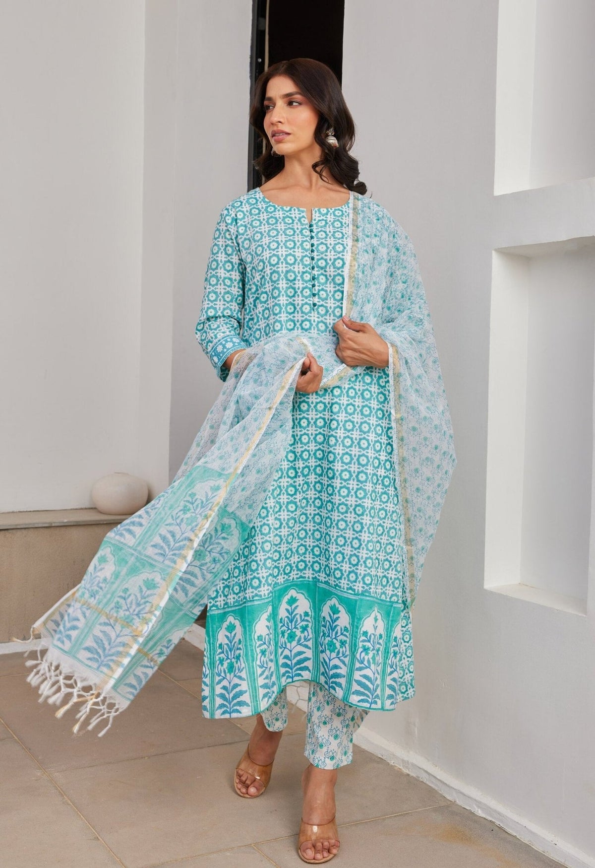Green Abstract Hand Block Printed Kurta Set with Dupatta - Tara - C - Tara