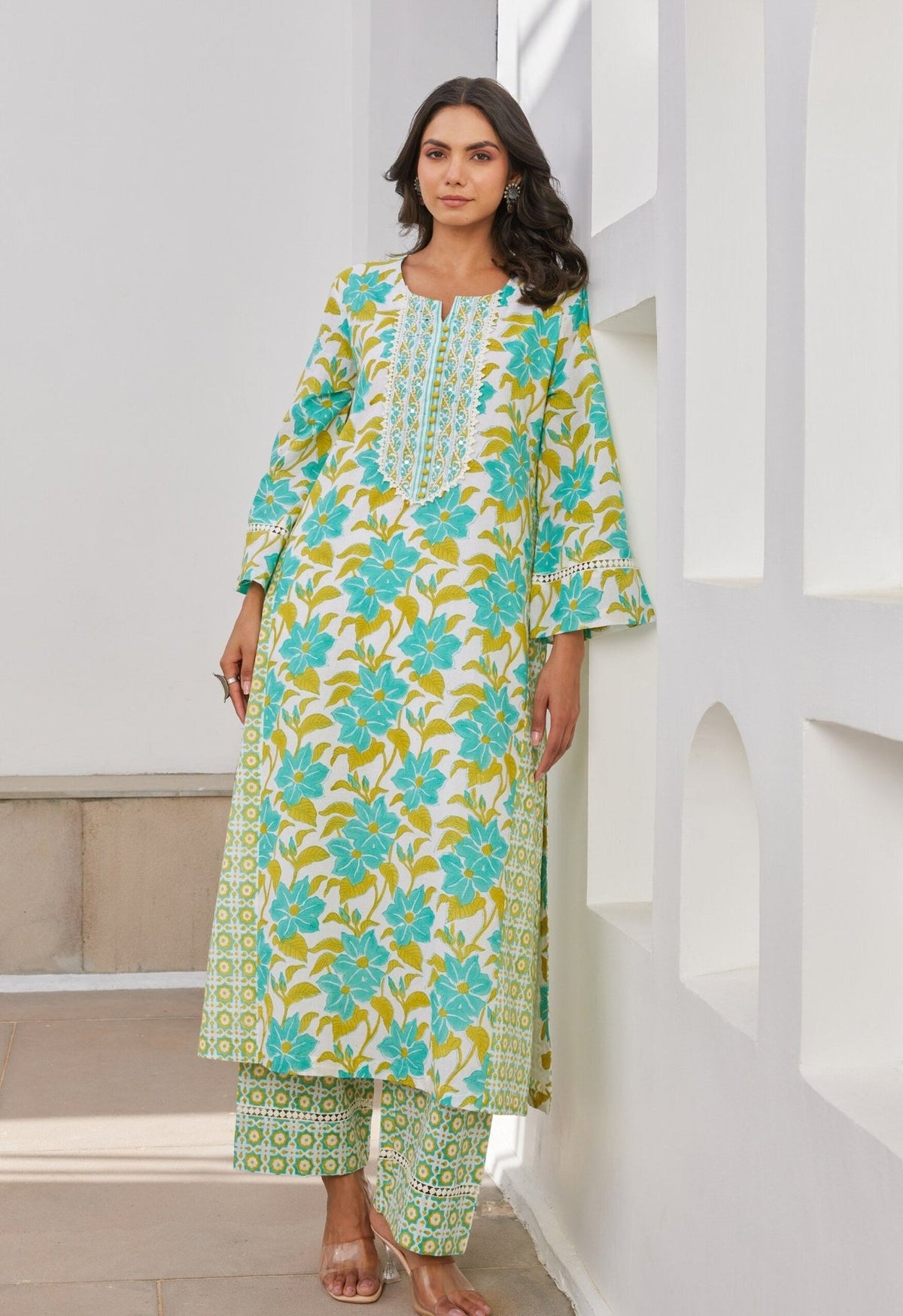 Green Floral Hand Block Printed Kurta Set With Dupatta - Tara - C - Tara