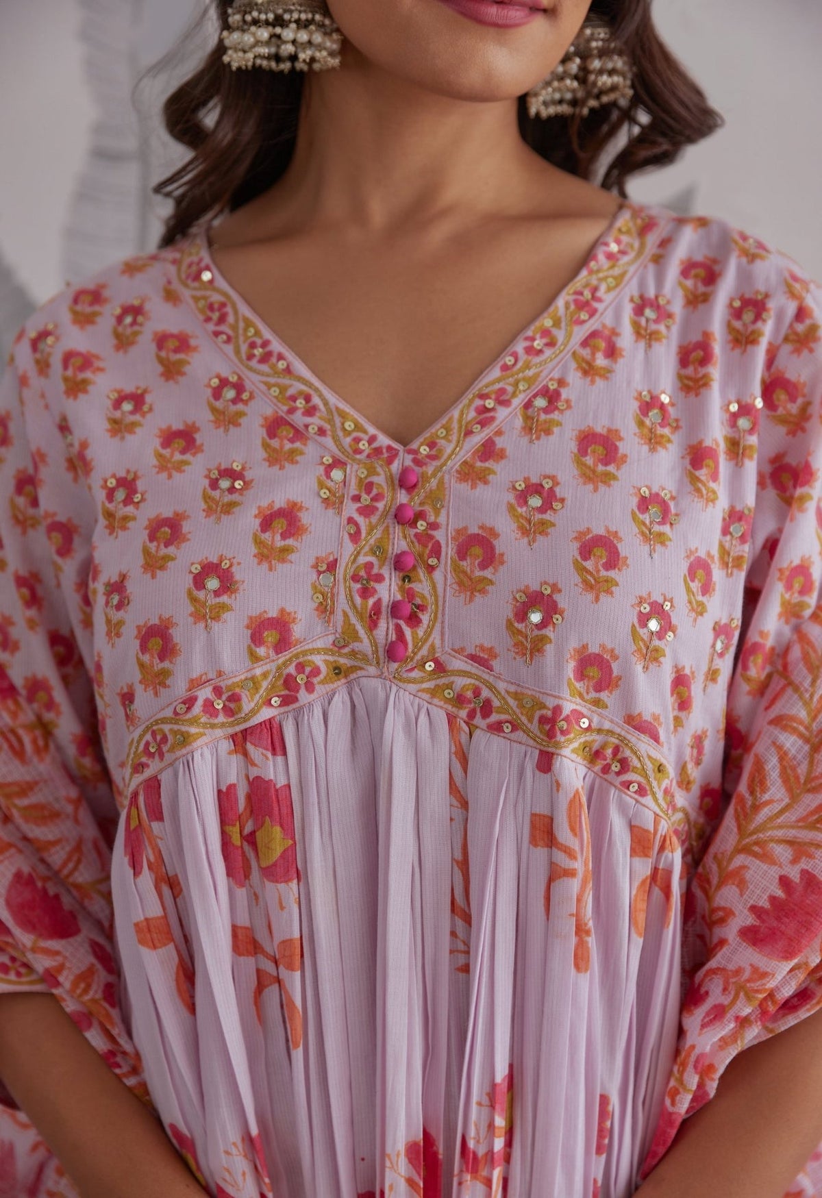 Lilac Floral Printed Anarkali Suit Set - Tara - C - Tara