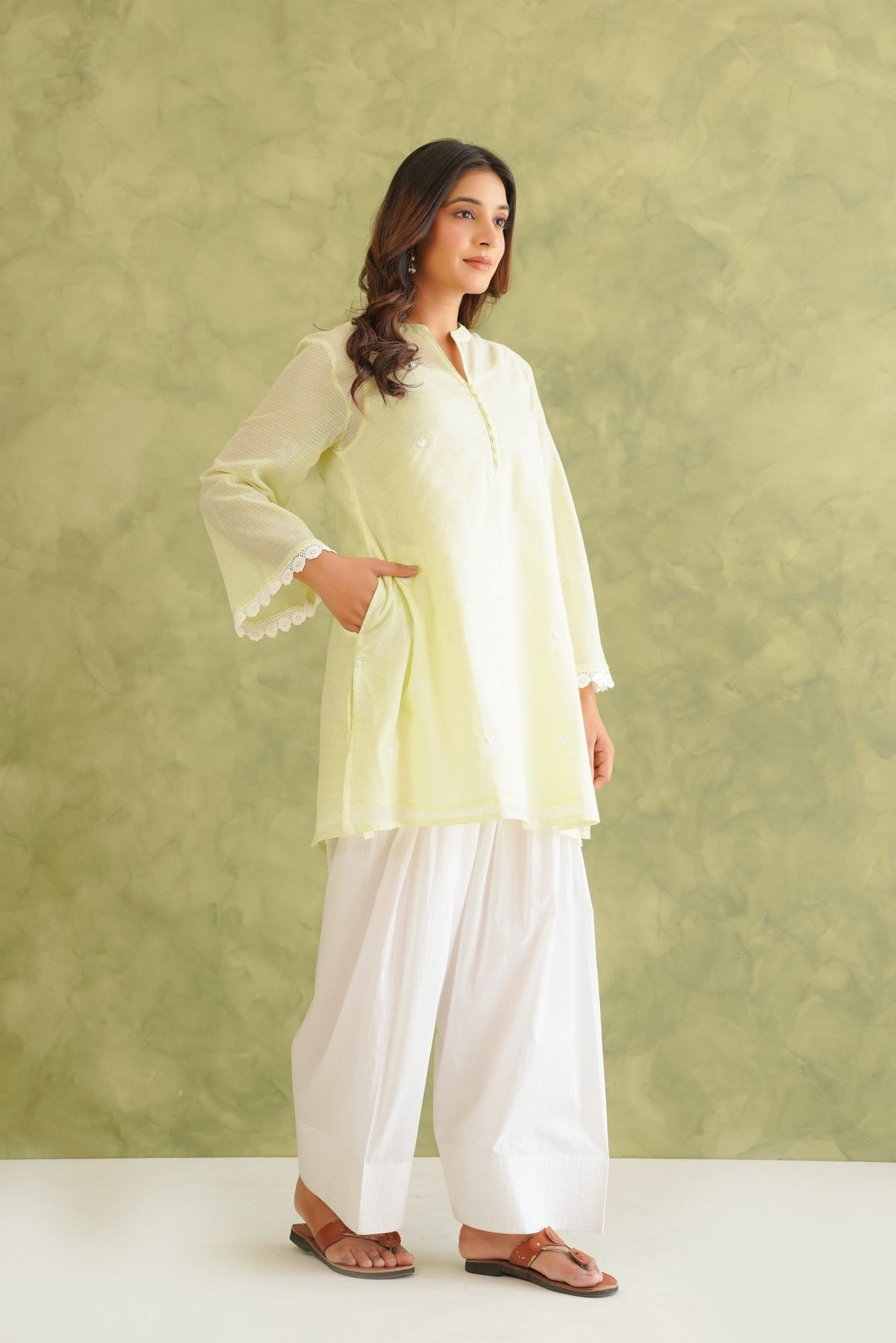 Lime Green Doriya Sweet Heart Kurta With farshi Salwar - Tara - C - Tara