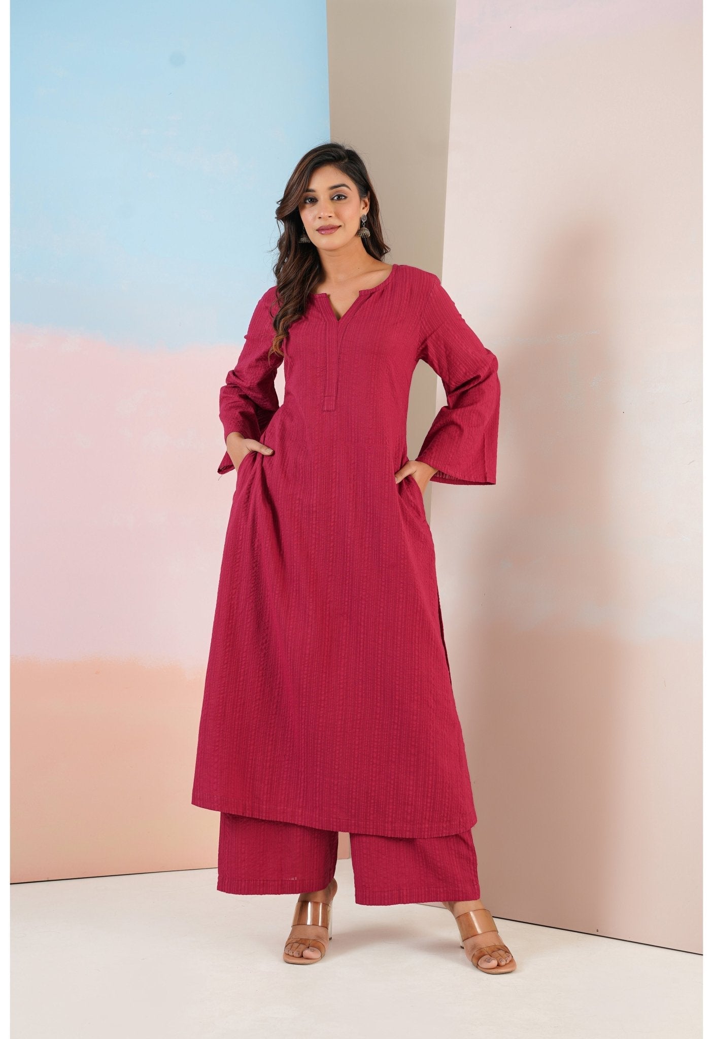 Maroon Cotton Self Stripped Coord Set - Tara - C - Tara