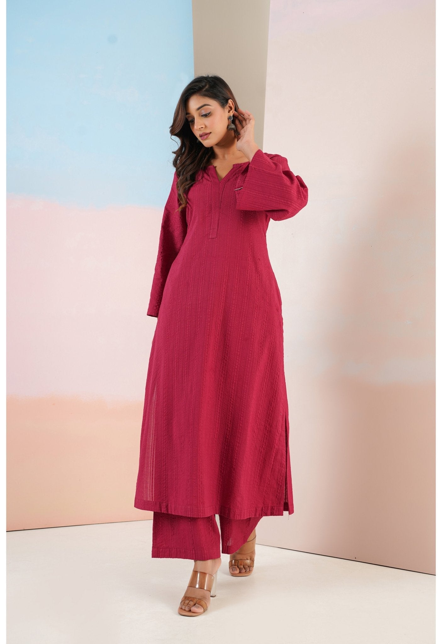 Maroon Cotton Self Stripped Coord Set - Tara - C - Tara