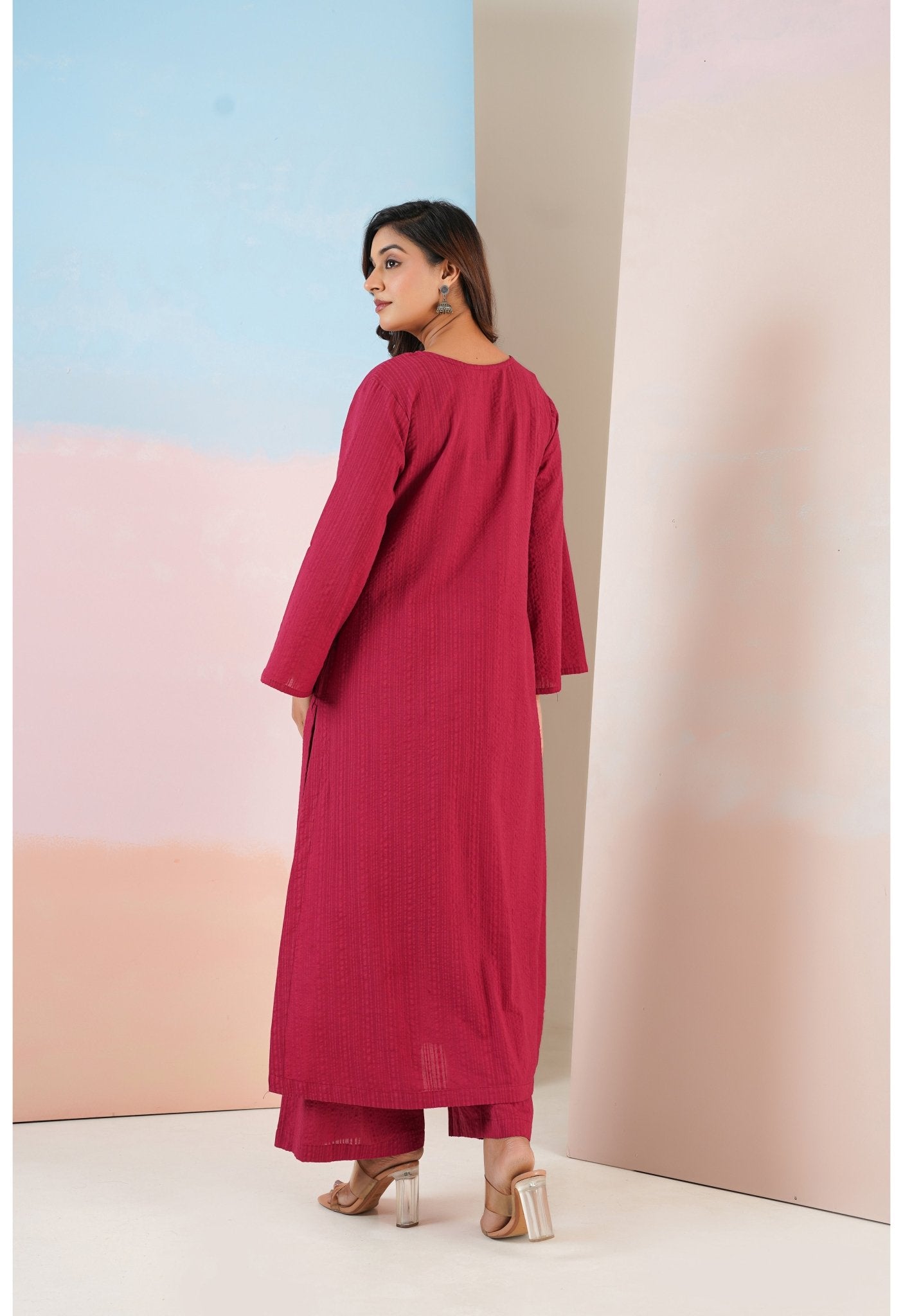 Maroon Cotton Self Stripped Coord Set - Tara - C - Tara