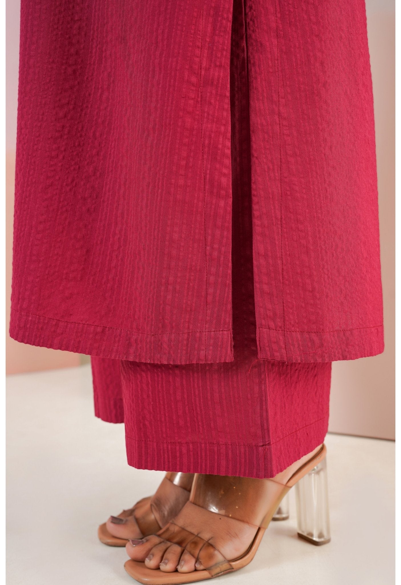 Maroon Cotton Self Stripped Coord Set - Tara - C - Tara