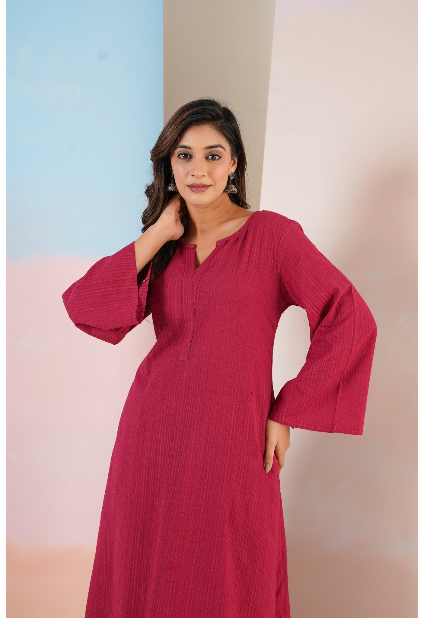 Maroon Cotton Self Stripped Coord Set - Tara - C - Tara
