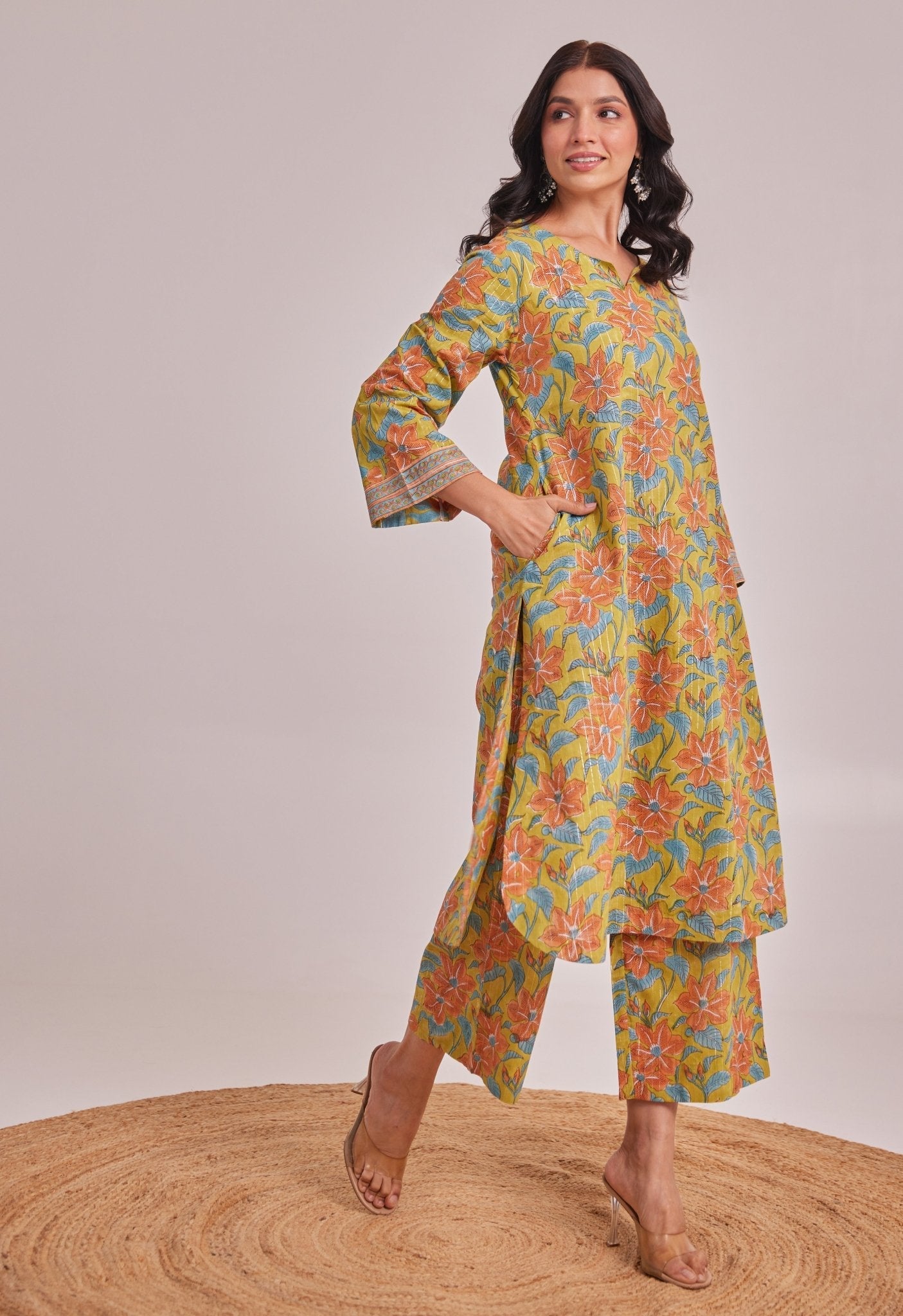Mustard Lurex Cotton Hand Block Coord Set - Tara - C - Tara