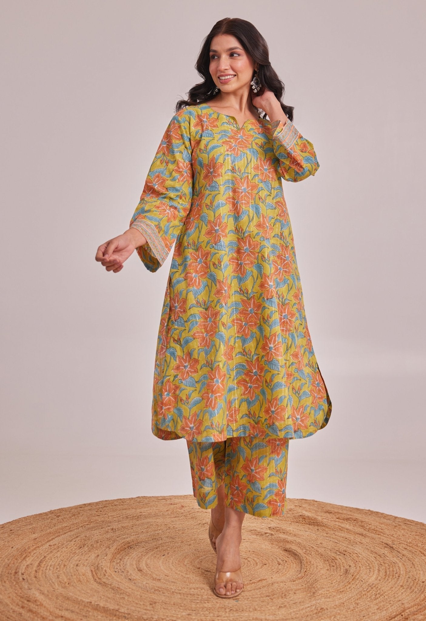 Mustard Lurex Cotton Hand Block Coord Set - Tara - C - Tara