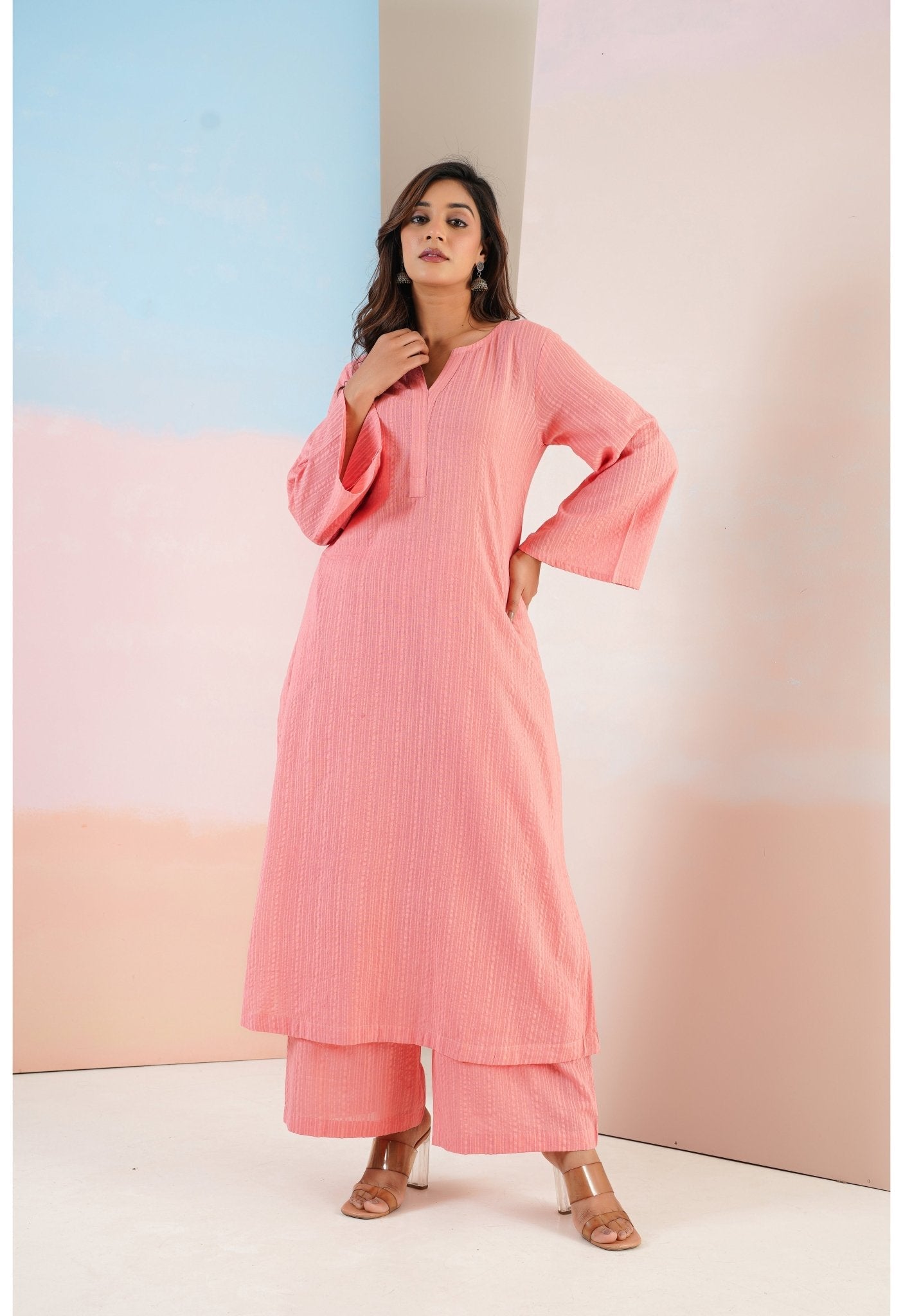 Peach Cotton Self Stripped Coord Set - Tara - C - Tara