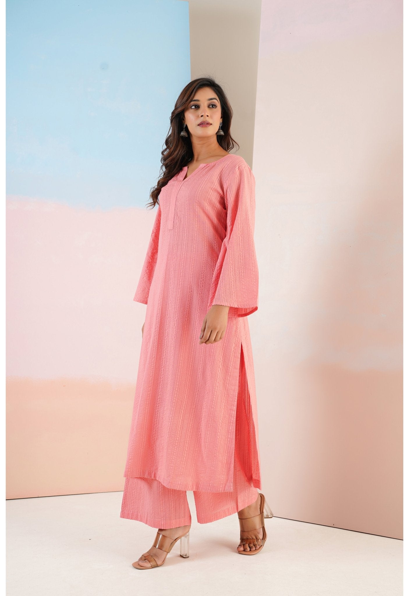 Peach Cotton Self Stripped Coord Set - Tara - C - Tara