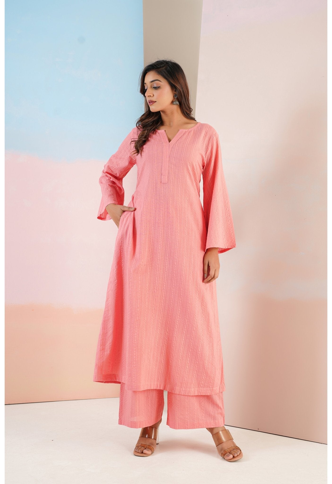 Peach Cotton Self Stripped Coord Set - Tara - C - Tara
