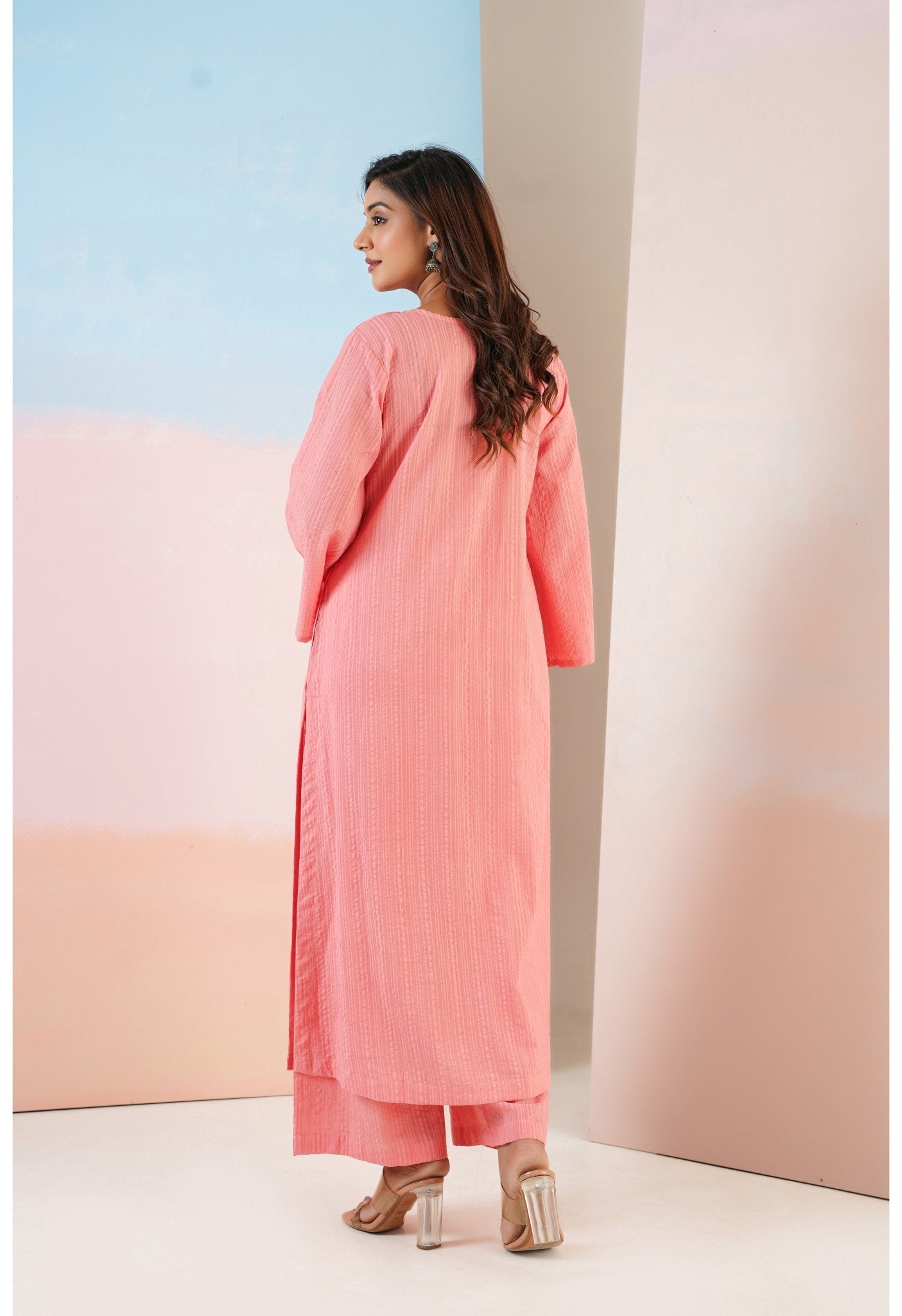 Peach Cotton Self Stripped Coord Set - Tara - C - Tara