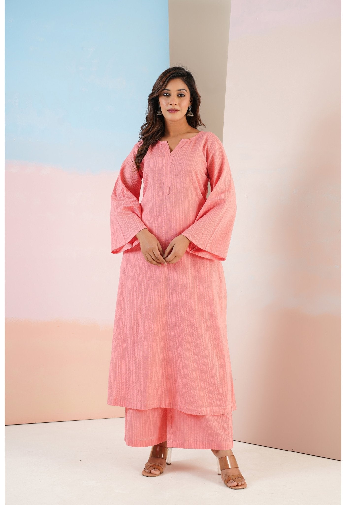 Peach Cotton Self Stripped Coord Set - Tara - C - Tara