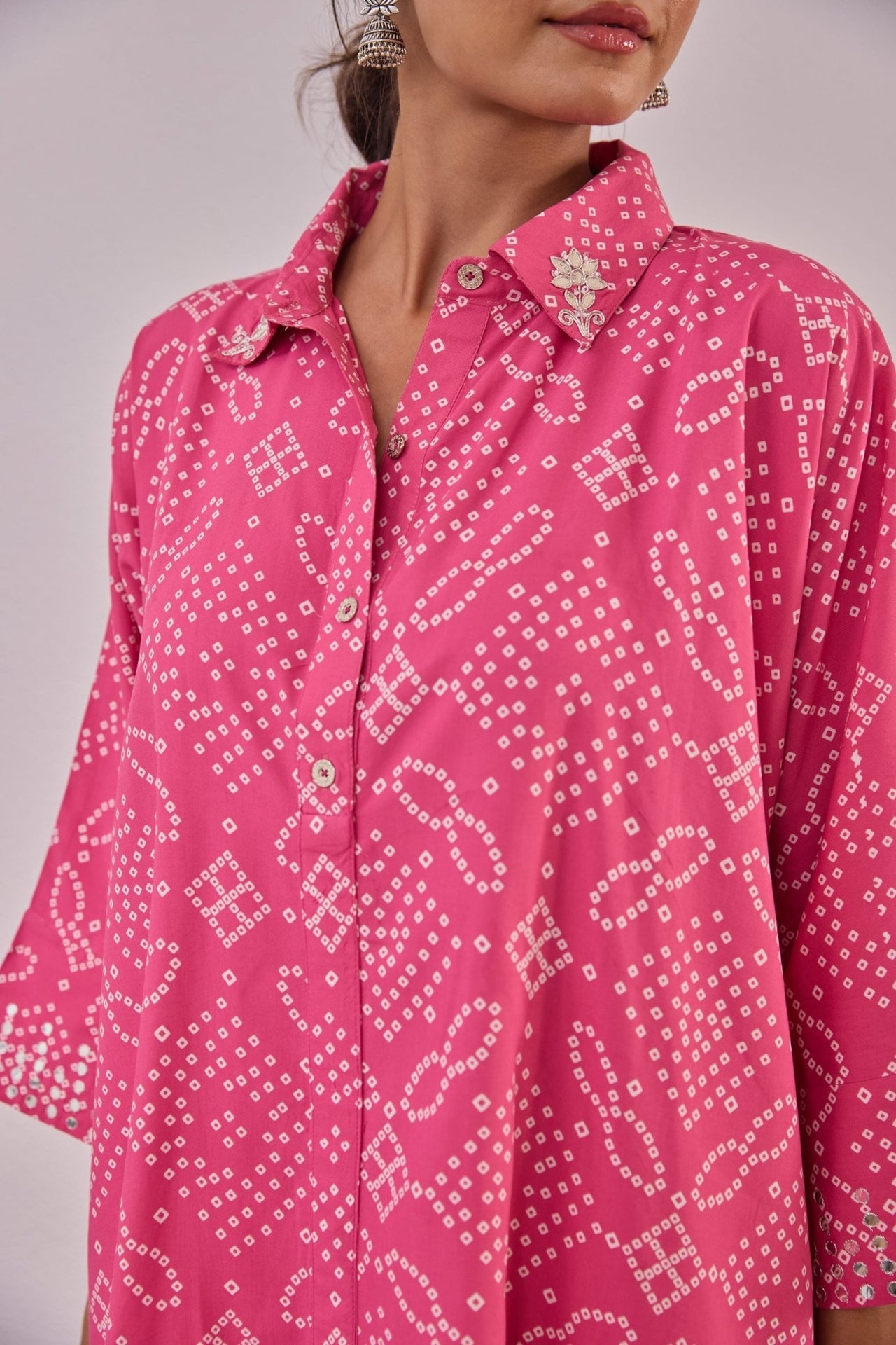 Pink Embroidered Bandhej Printed Coord Set With Palazzo Pant - Tara - C - Tara