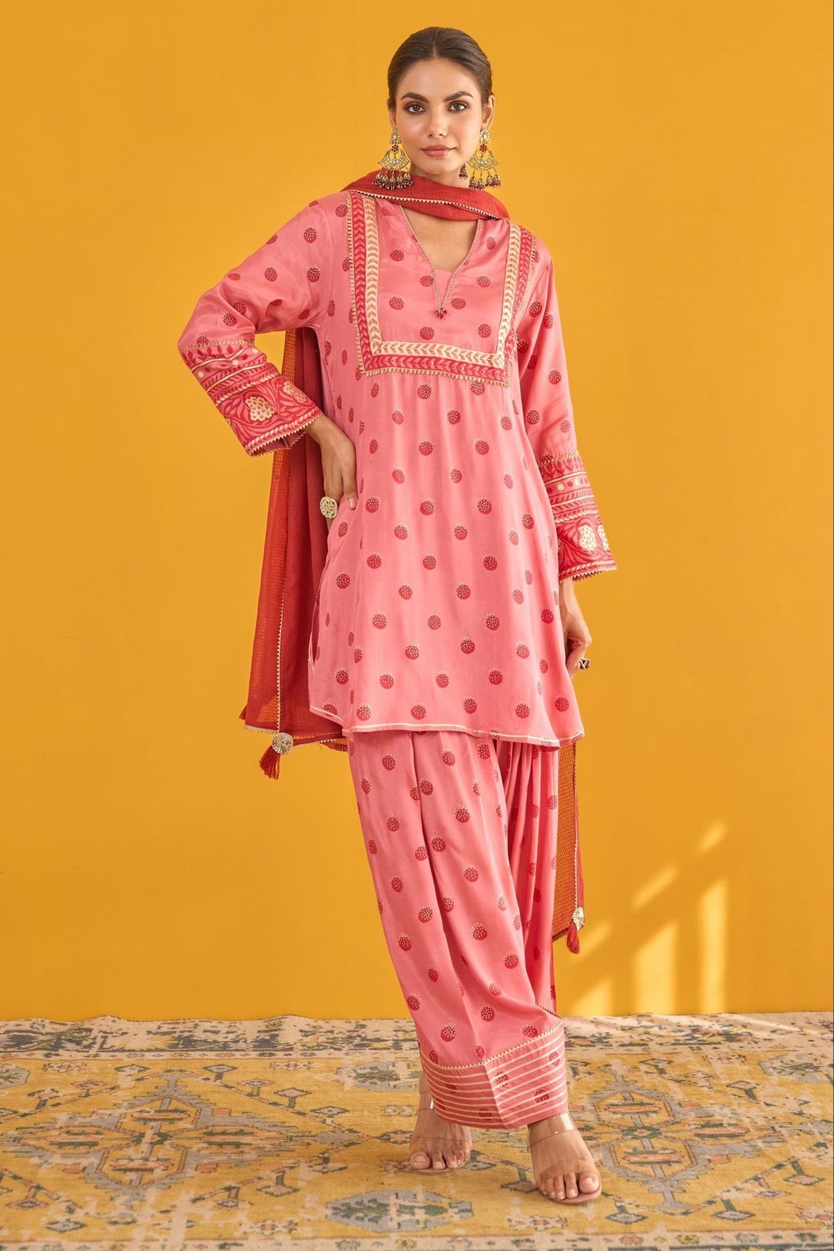 Pink Polka Dot Farshi Salwar Suit Set With Dupatta - Tara - C - Tara