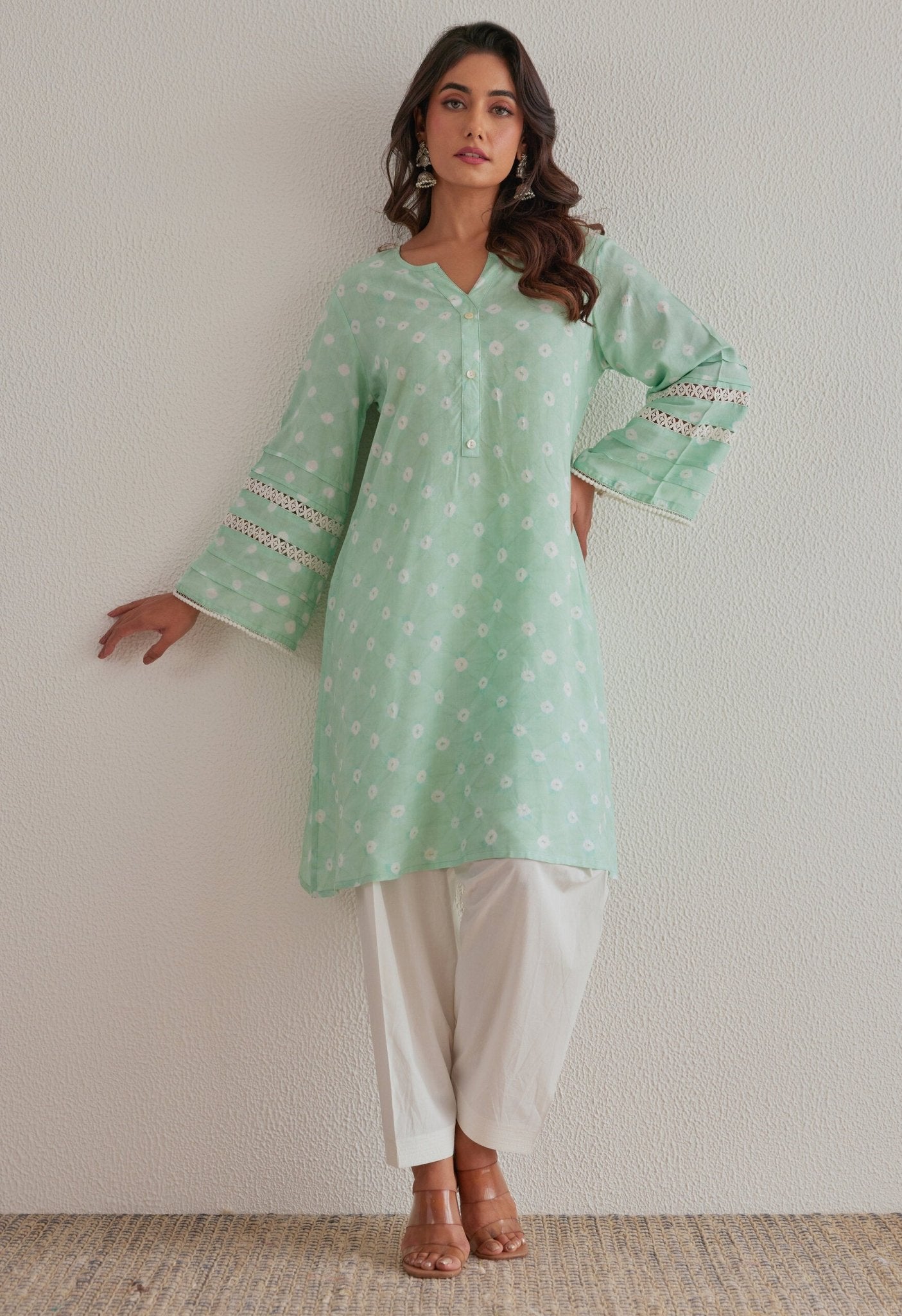 Pista Green Bandhej Hand Tie Dye Coord Set With Salwar - Tara - C - Tara
