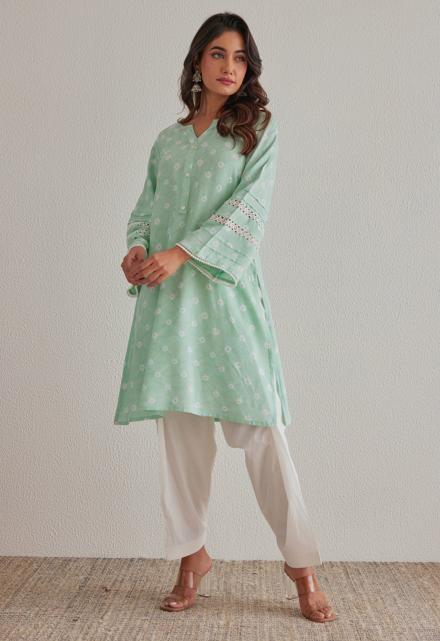 Pista Green Bandhej Hand Tie Dye Coord Set With Salwar - Tara - C - Tara
