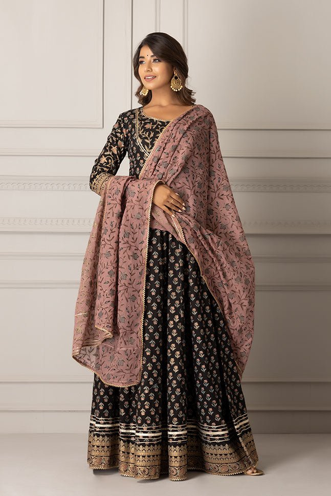 Plus Size Nargis Anarkali Dress Dupatta Set - Black - Tara-C-Tara