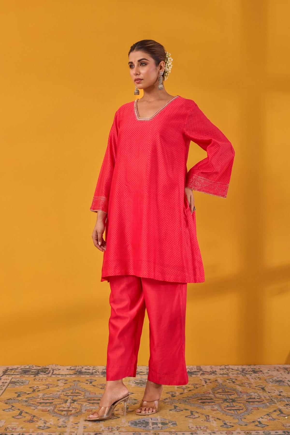 Red Chanderi Hand Block Printed Kurta Set With Dupatta - Tara - C - Tara