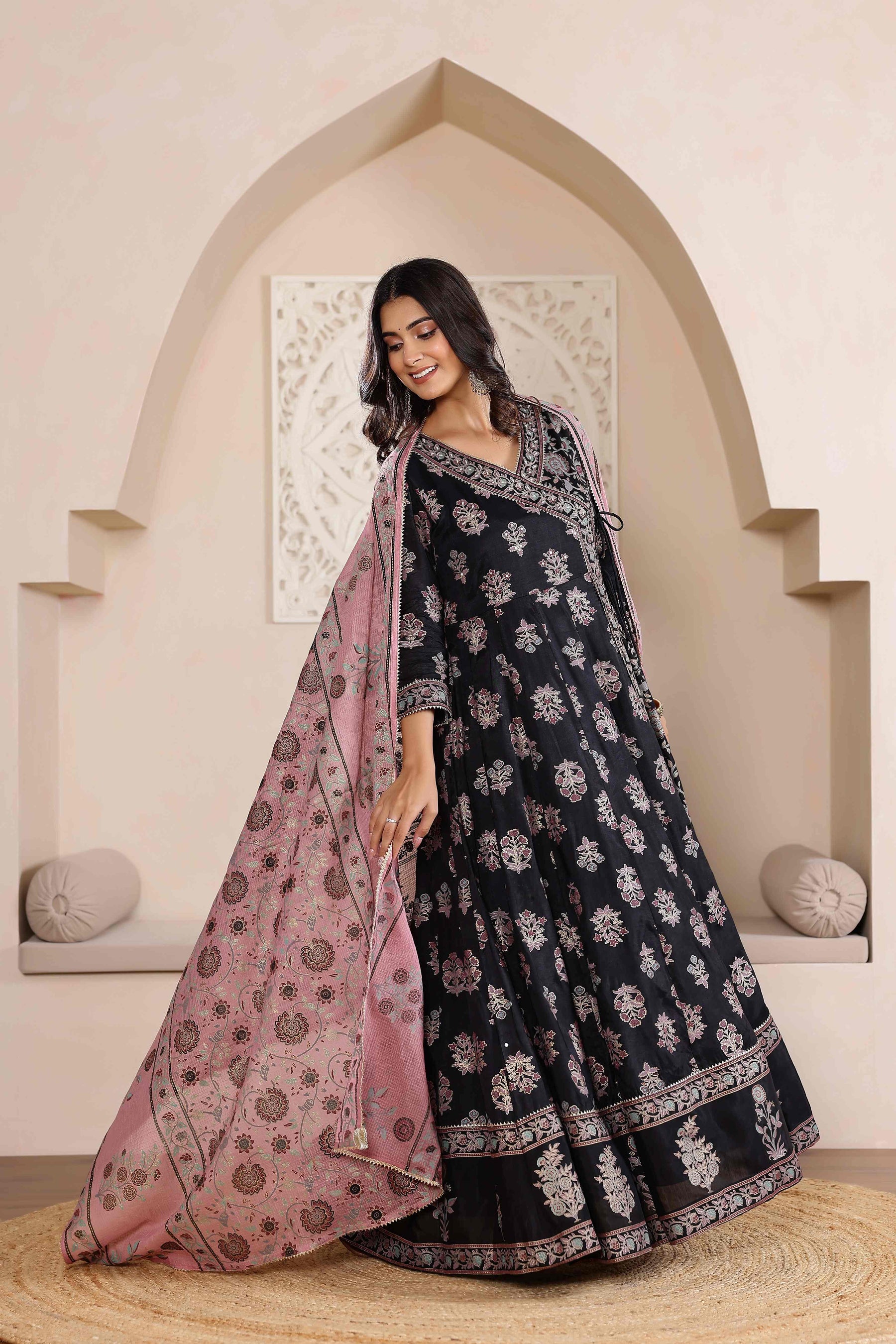 Radiant Elegance: Black Angrakha Dress with Floral Dupatta and Shimmering Accents