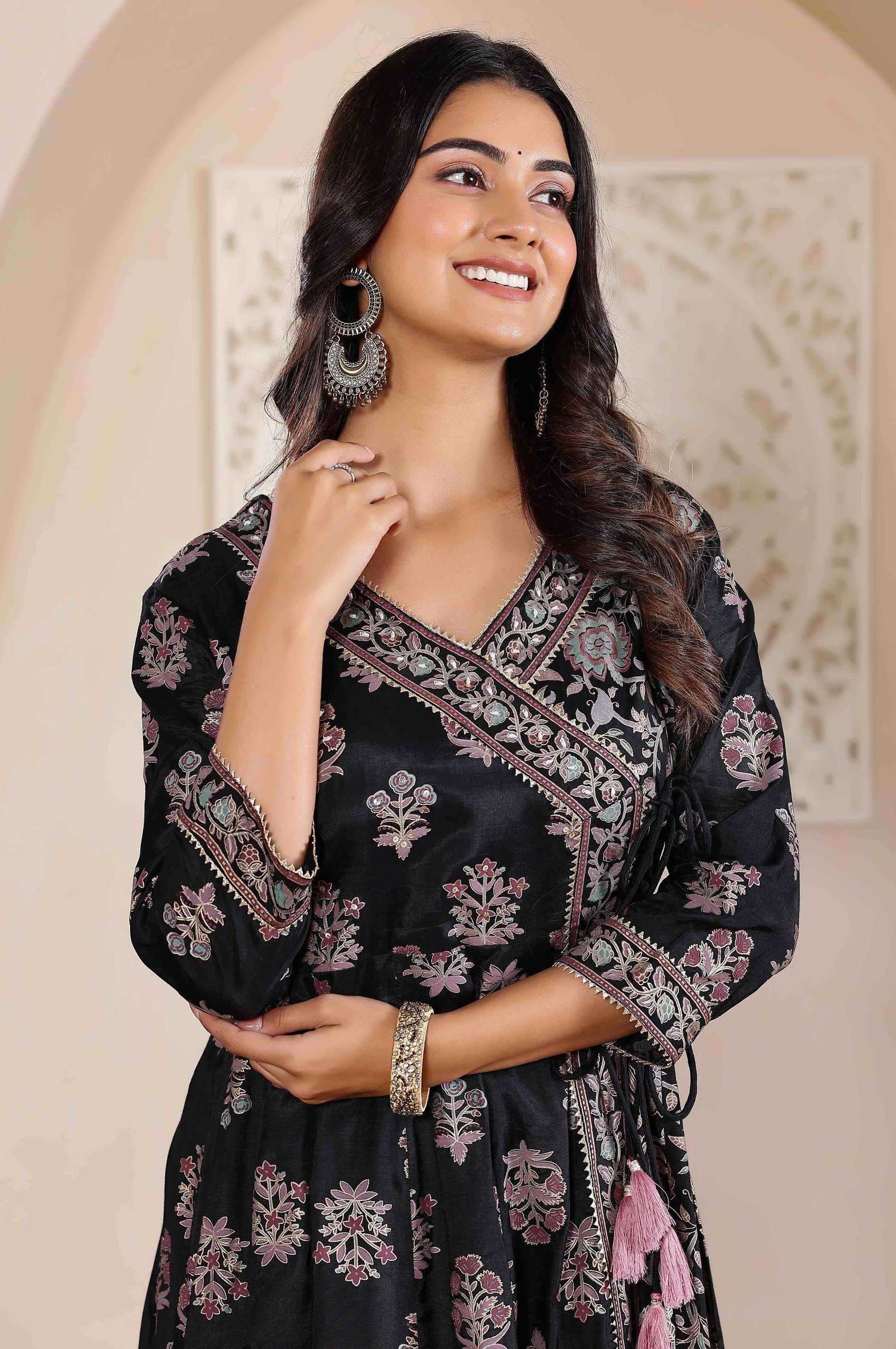 Radiant Elegance: Black Angrakha Dress with Floral Dupatta and Shimmering Accents